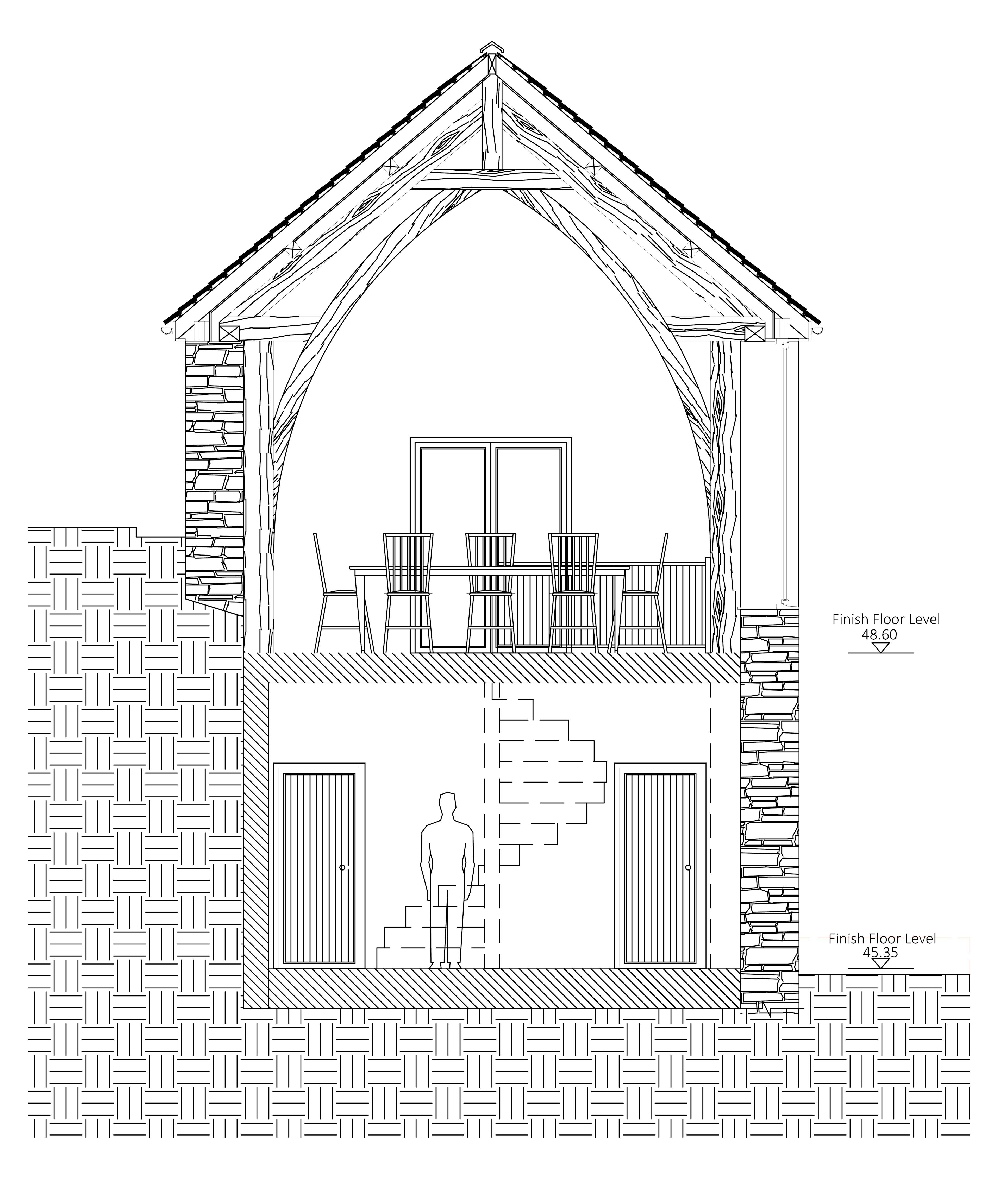 An architects drawing of a section of a barn conversion