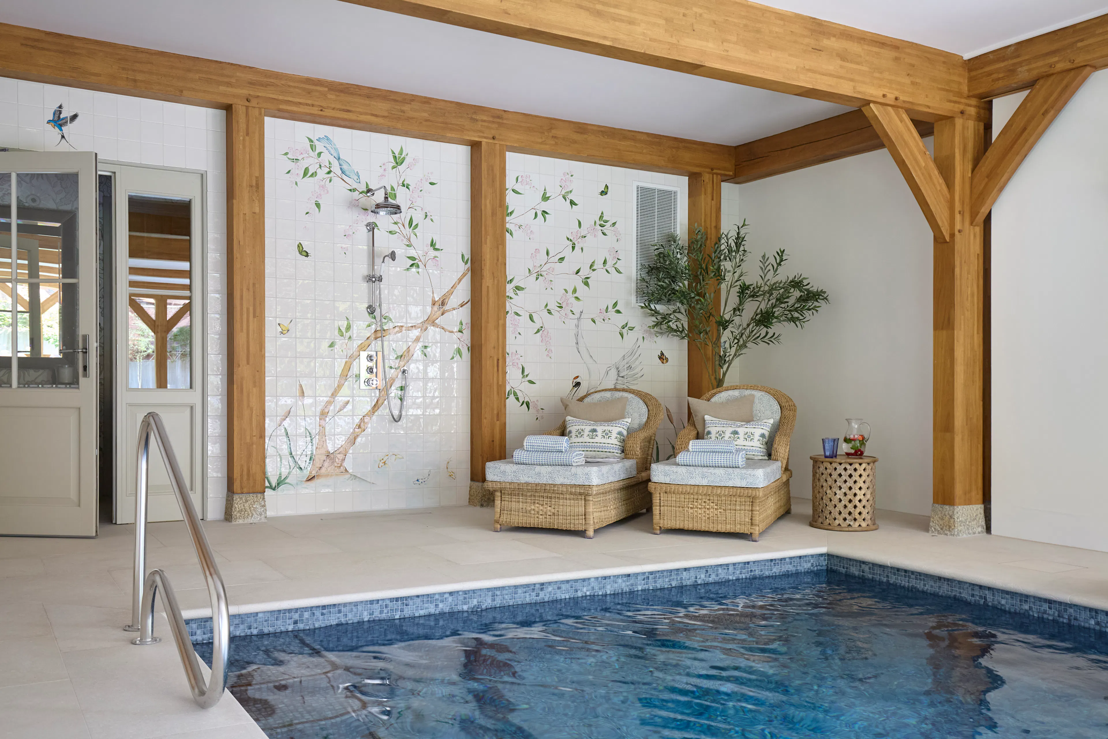 An oak glulam framed swimming pool in a large 6 bedroom oak framed house