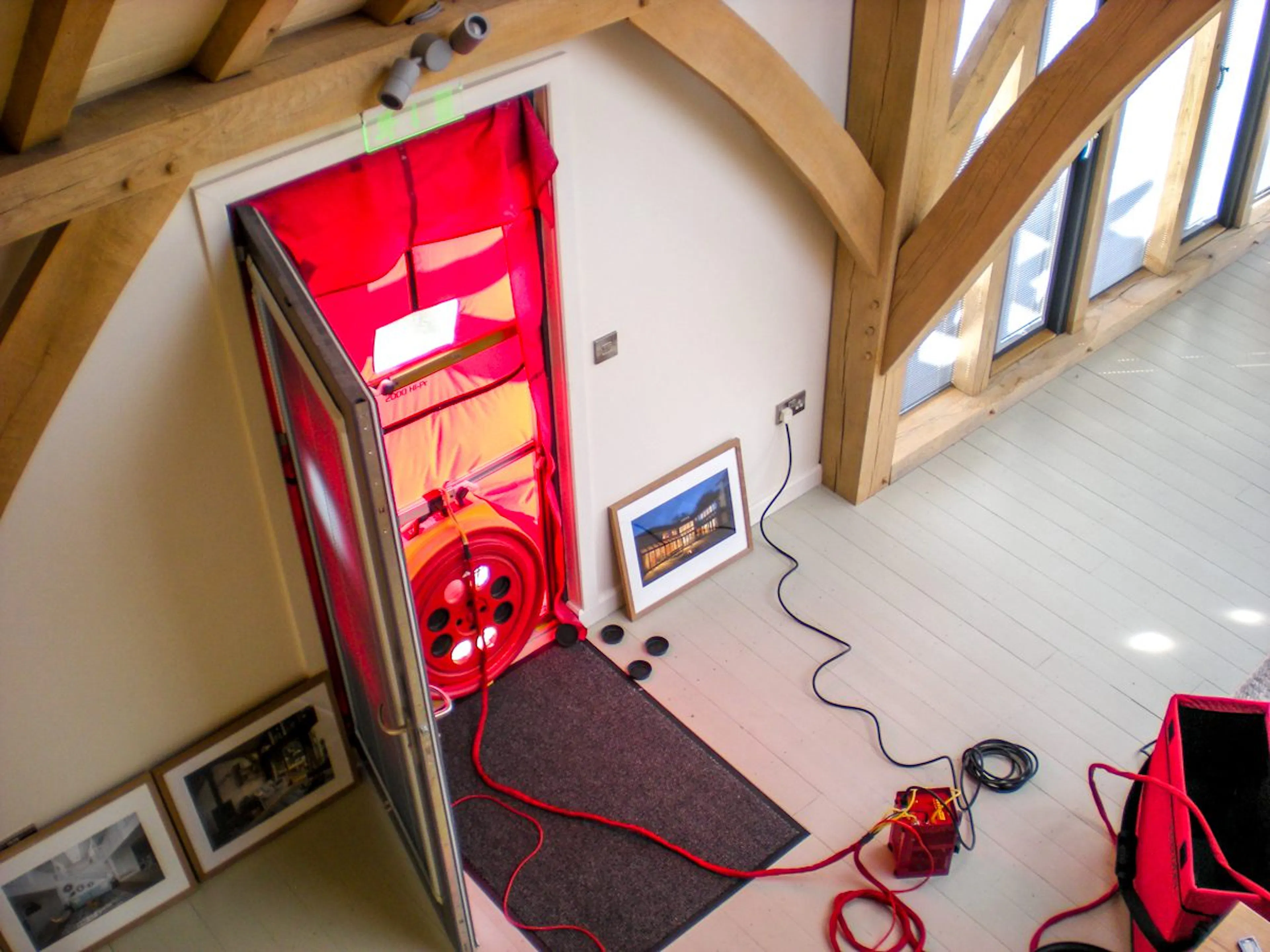 An air pressure test of an oak framed building