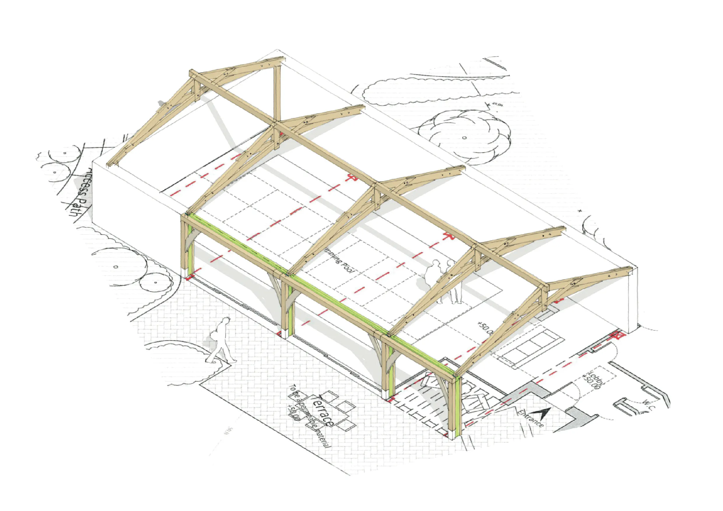 Computer generated sketch of a pool house or room with a structural timber frame