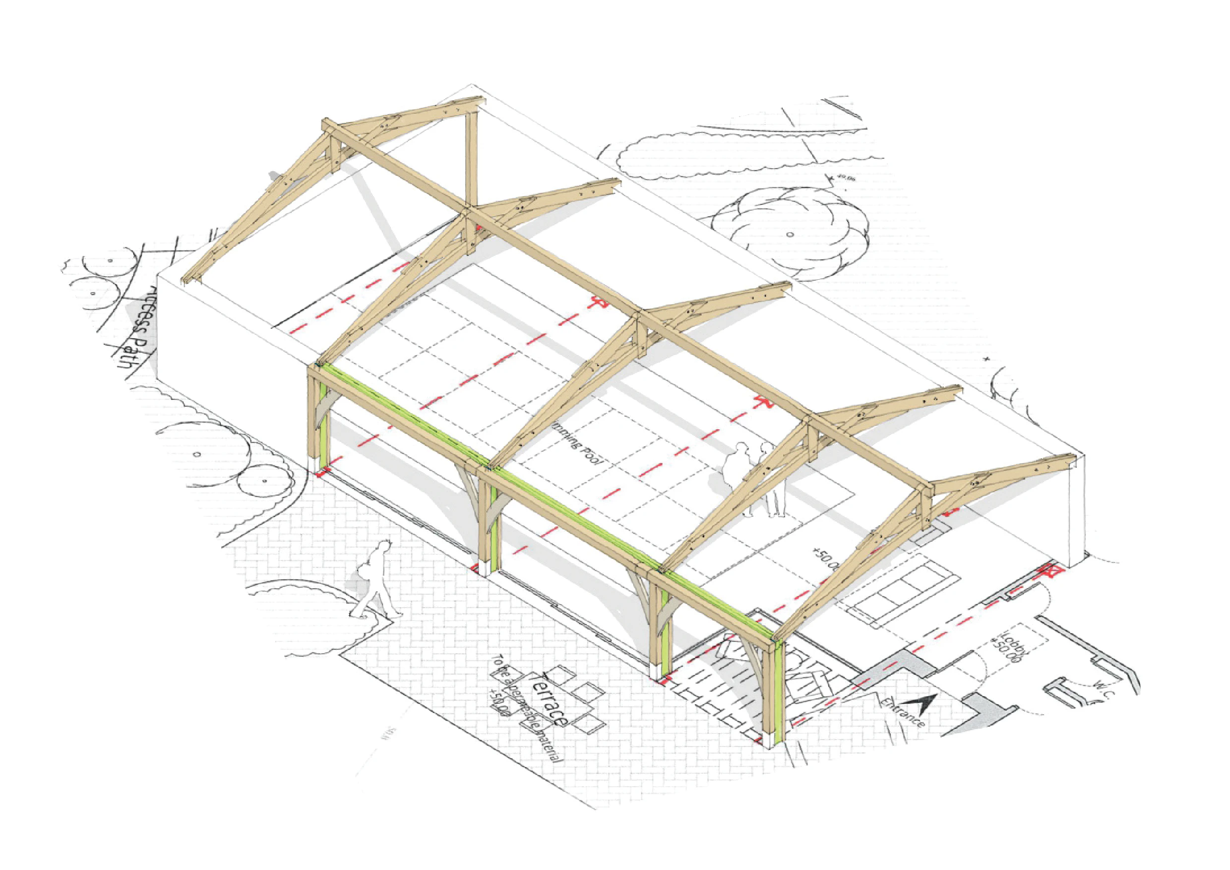 Computer generated sketch of a pool house or room with a structural timber frame