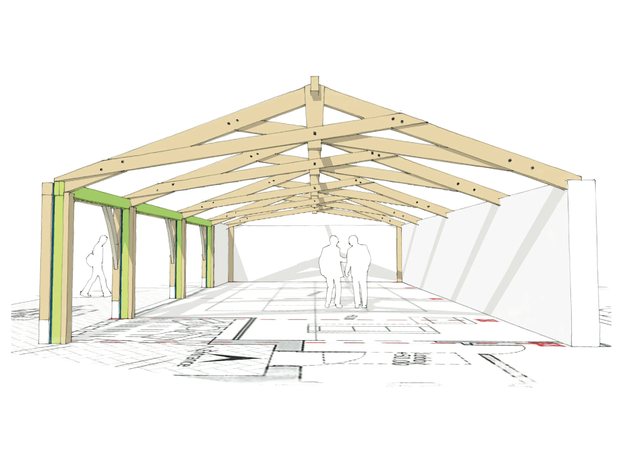 Computer generated sketch of a pool house or room with a structural timber frame