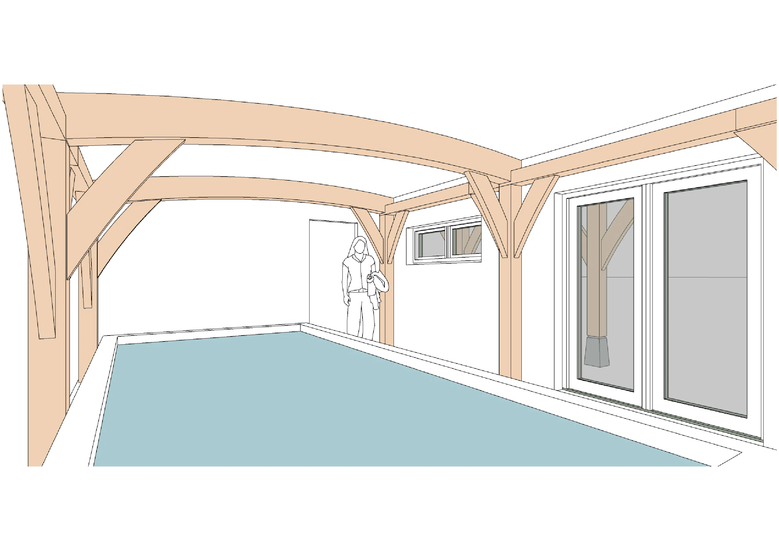 Computer generated sketch of a pool house or room with a structural timber frame