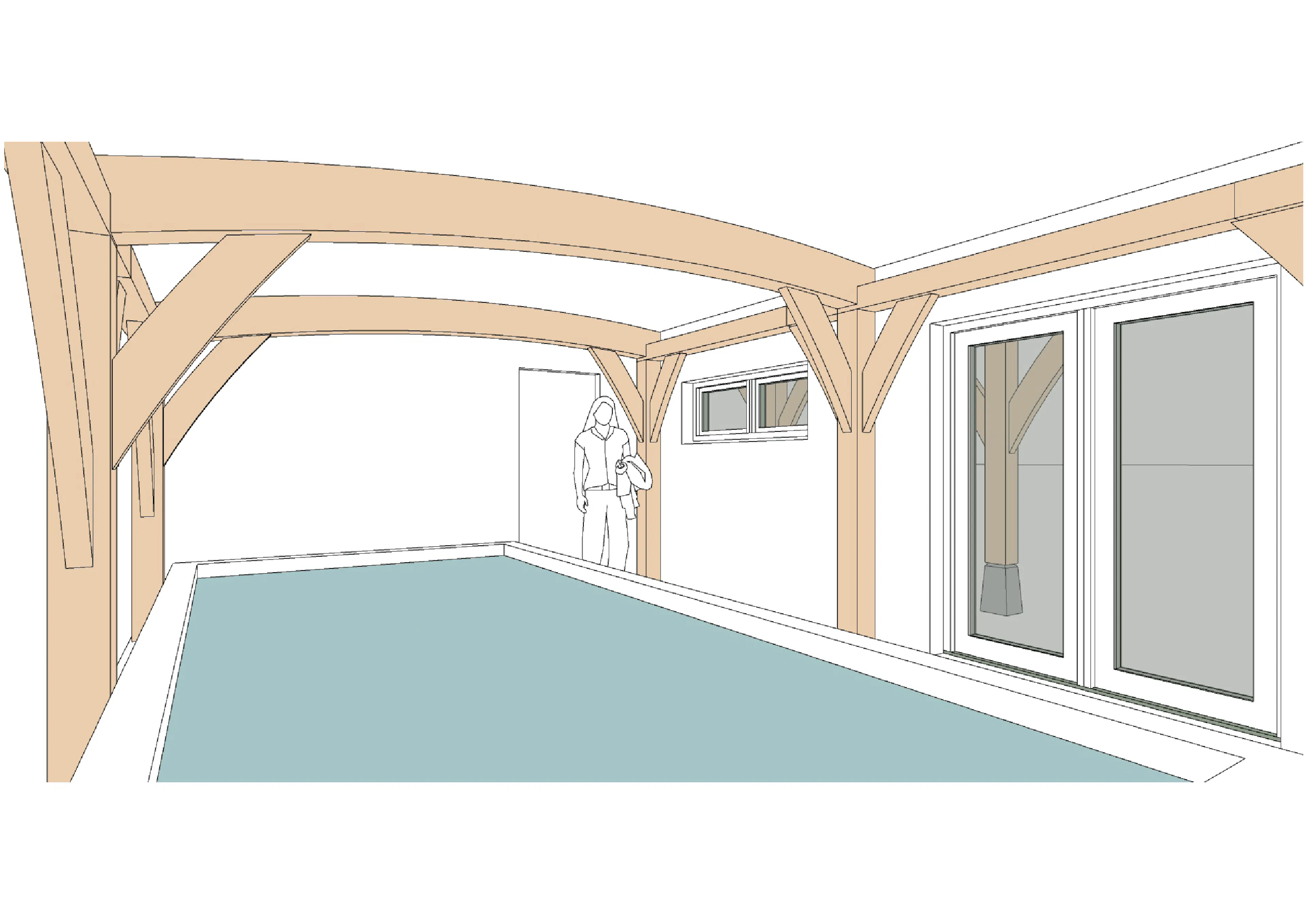 Computer generated sketch of a pool house or room with a structural timber frame