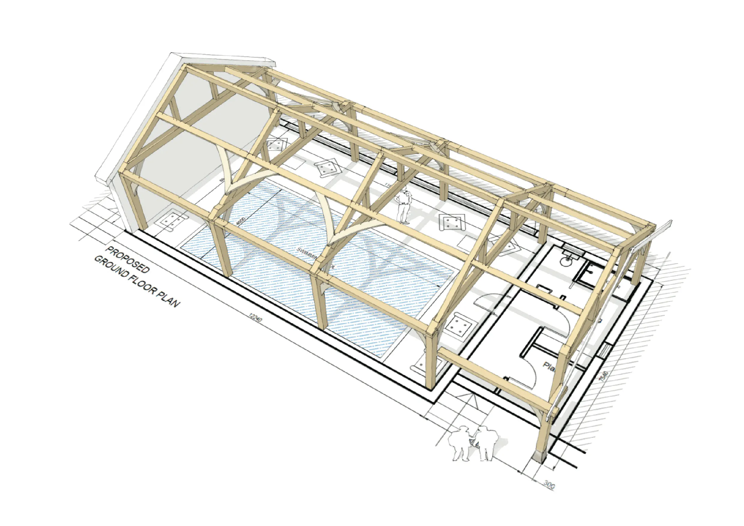Computer generated sketch of a pool house or room with a structural timber frame