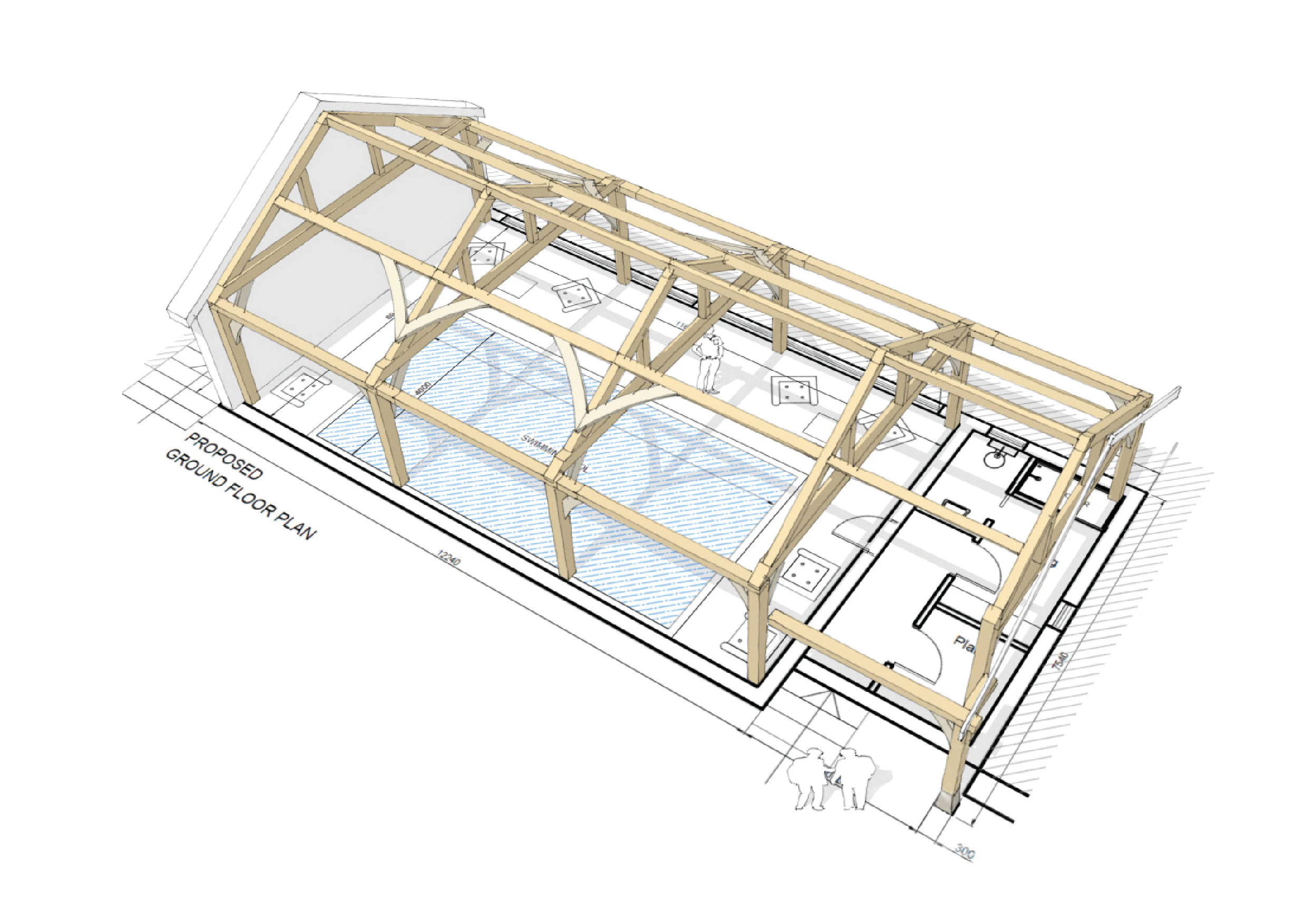 Computer generated sketch of a pool house or room with a structural timber frame