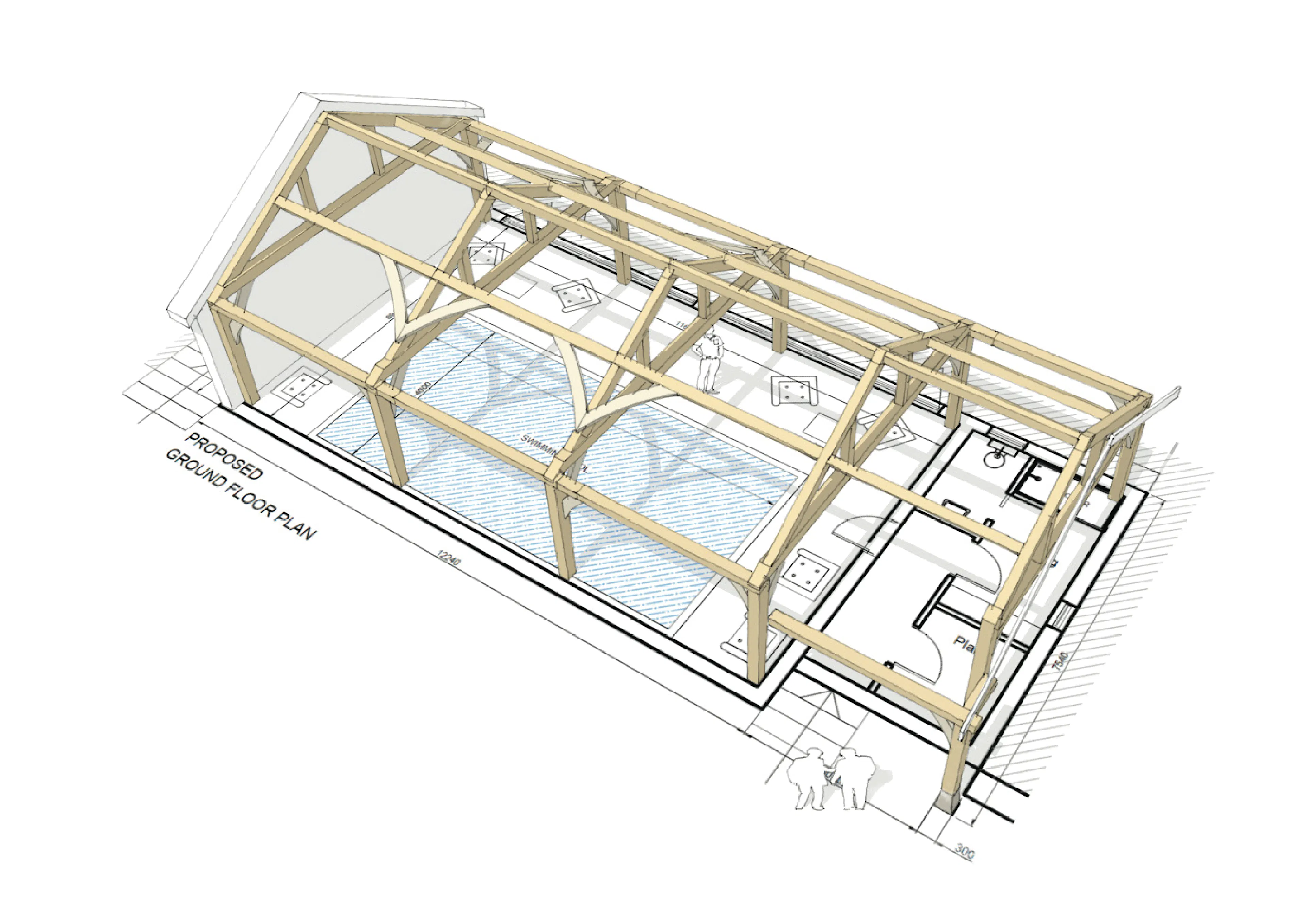 Computer generated sketch of a pool house or room with a structural timber frame