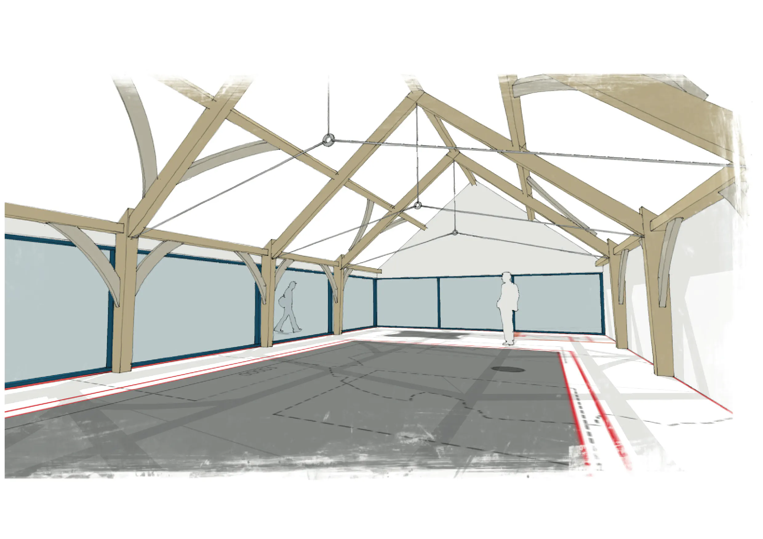 Computer generated sketch of a pool house or room with a structural timber frame
