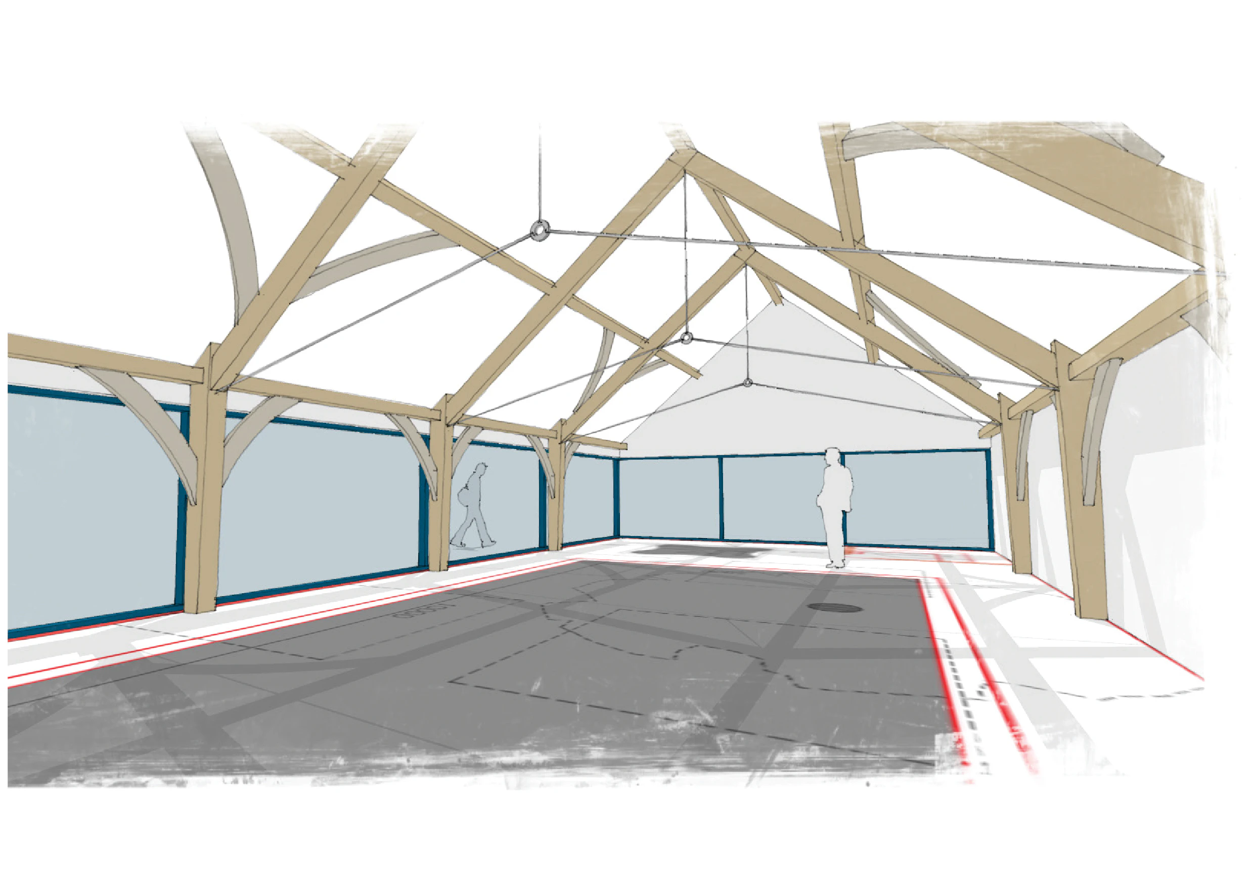 Computer generated sketch of a pool house or room with a structural timber frame