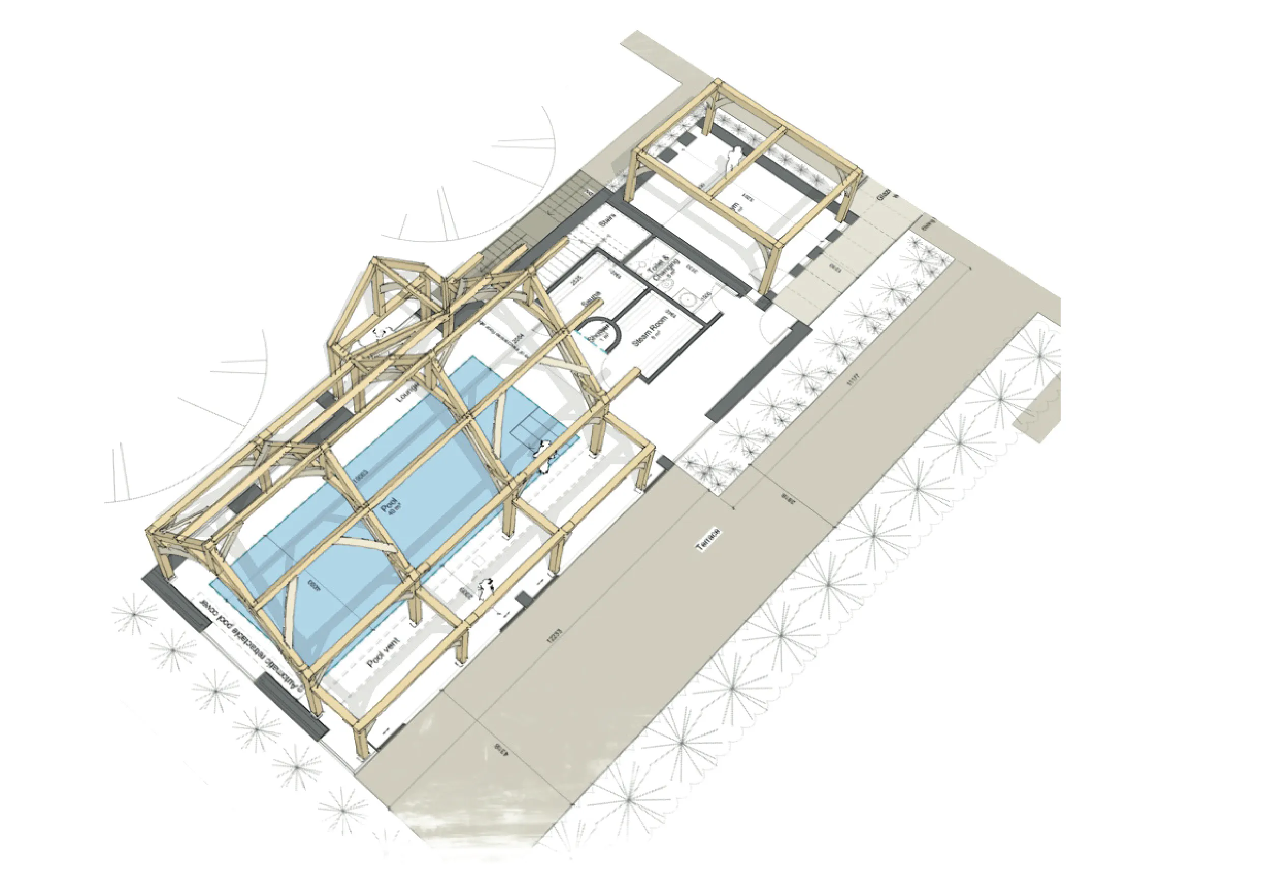 Computer generated sketch of a pool house or room with a structural timber frame