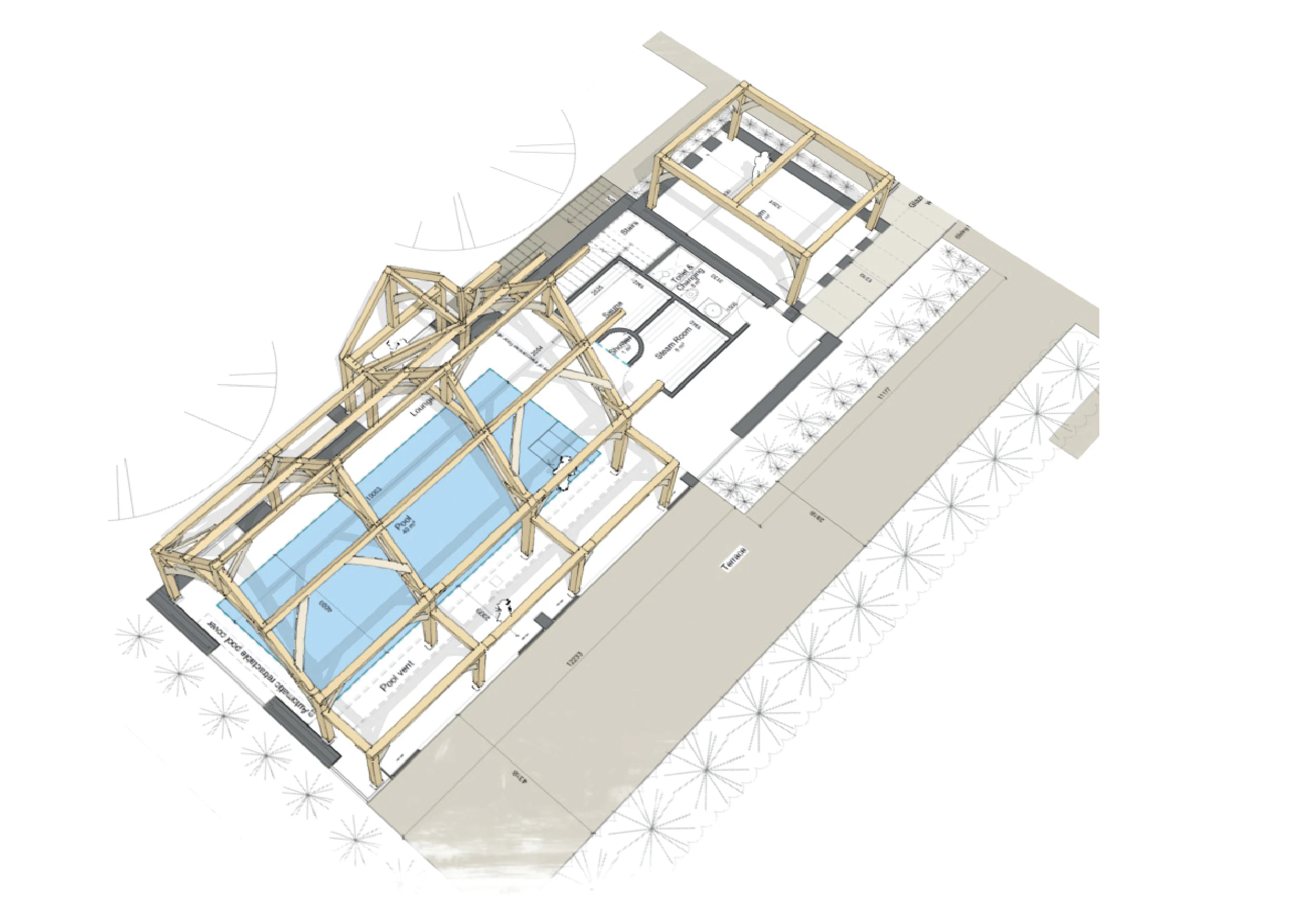 Computer generated sketch of a pool house or room with a structural timber frame