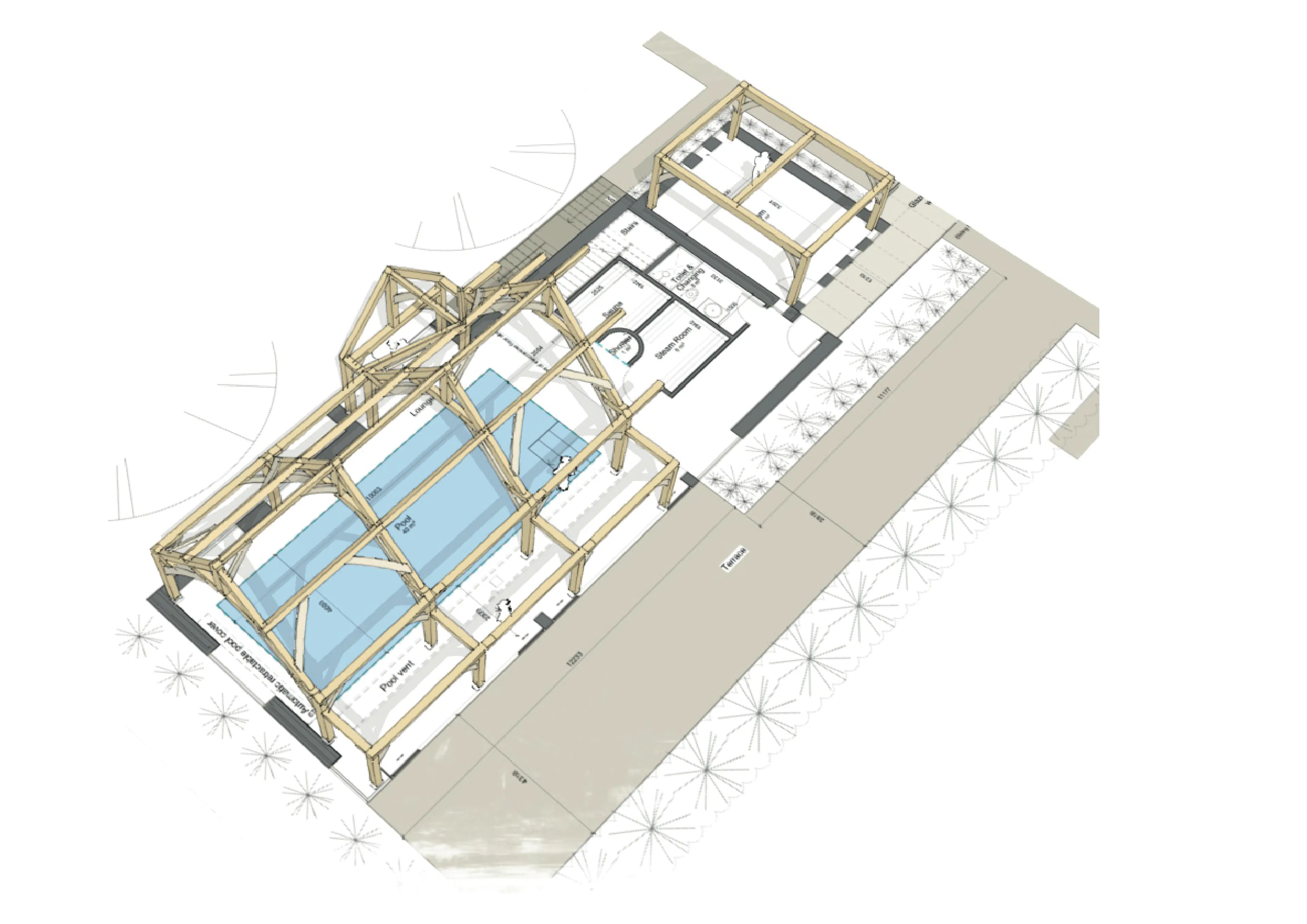 Computer generated sketch of a pool house or room with a structural timber frame