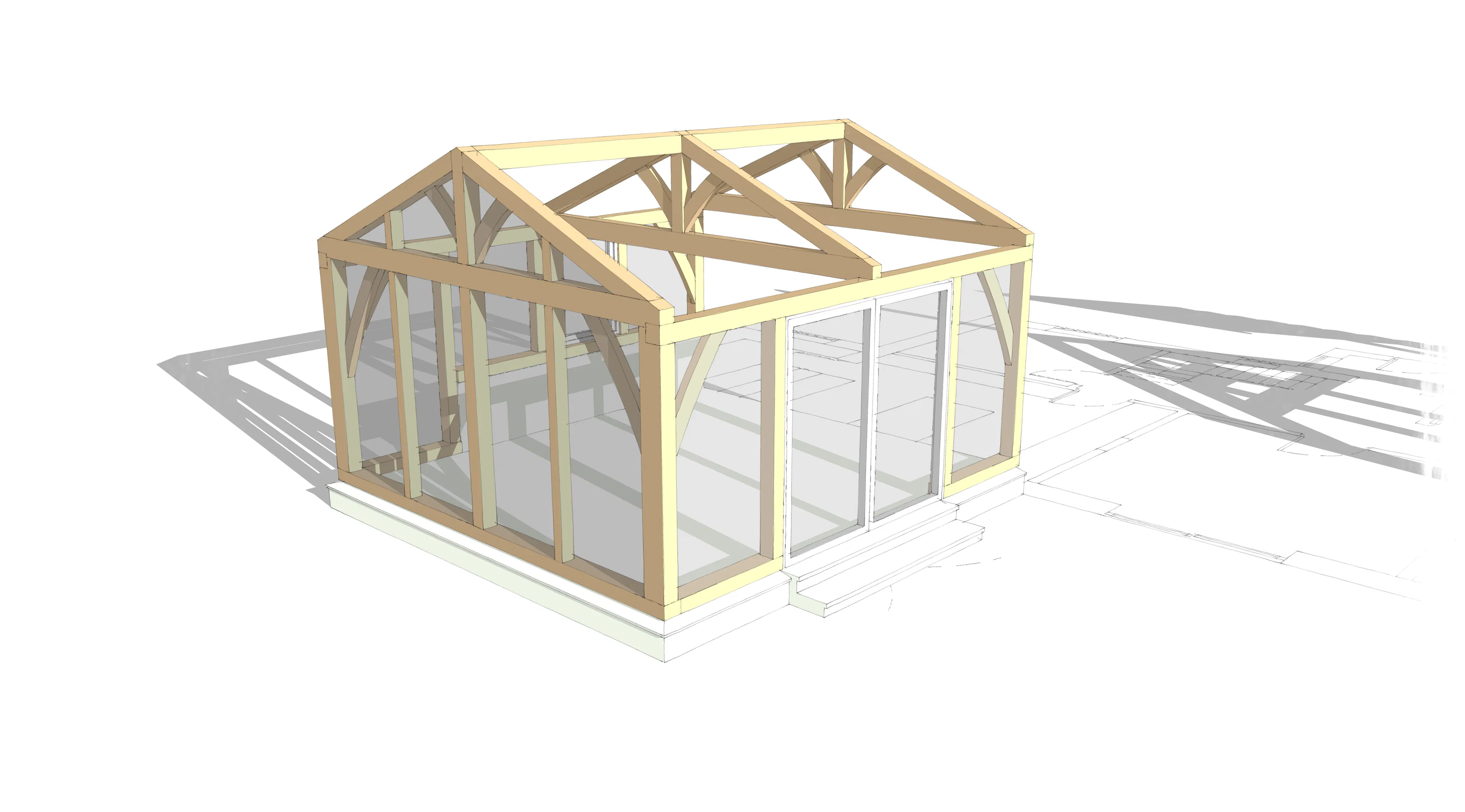 A computer generated sketch of an oak framed garden room