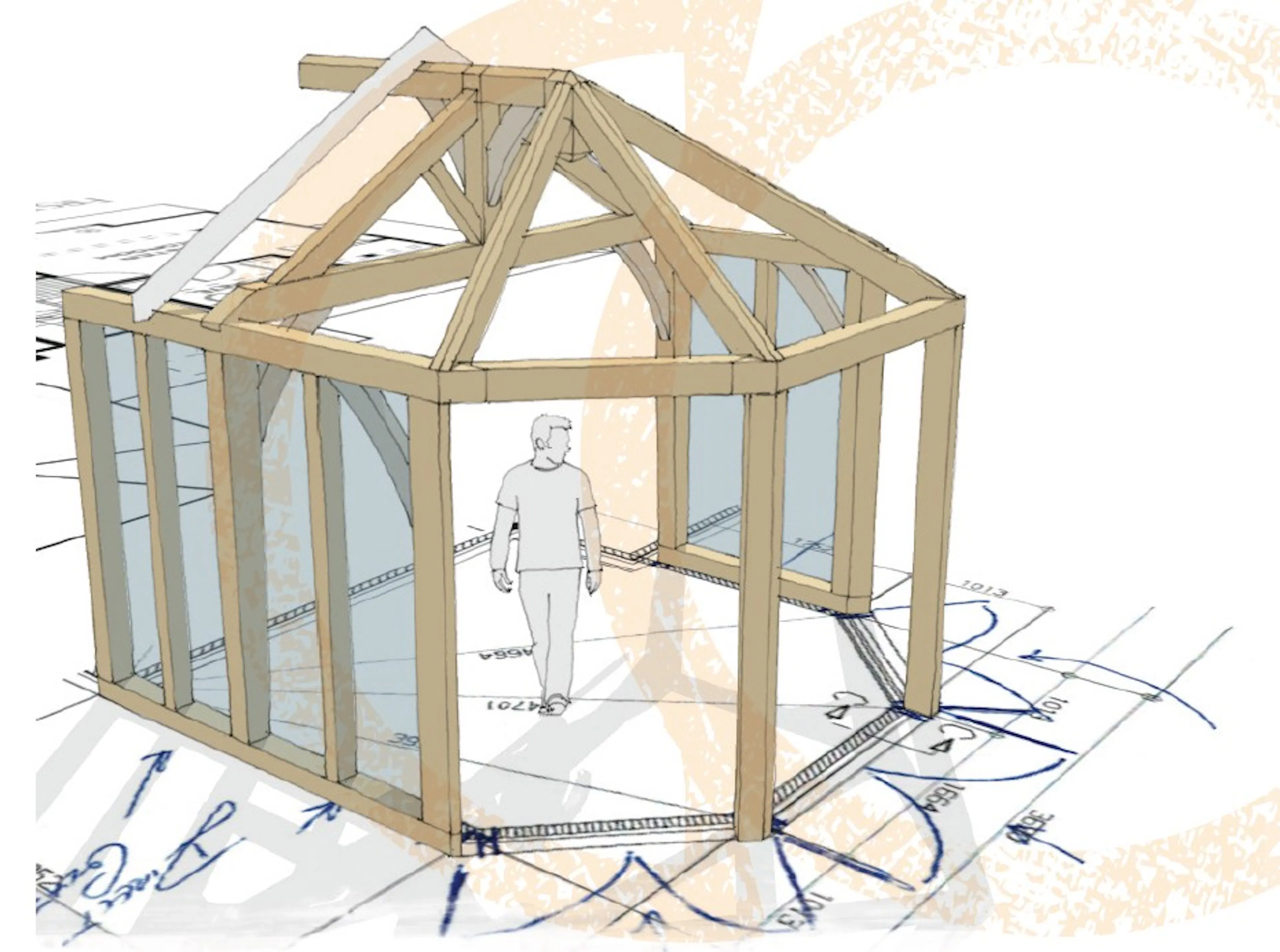 A computer generated sketch of a hexagonal oak framed garden room