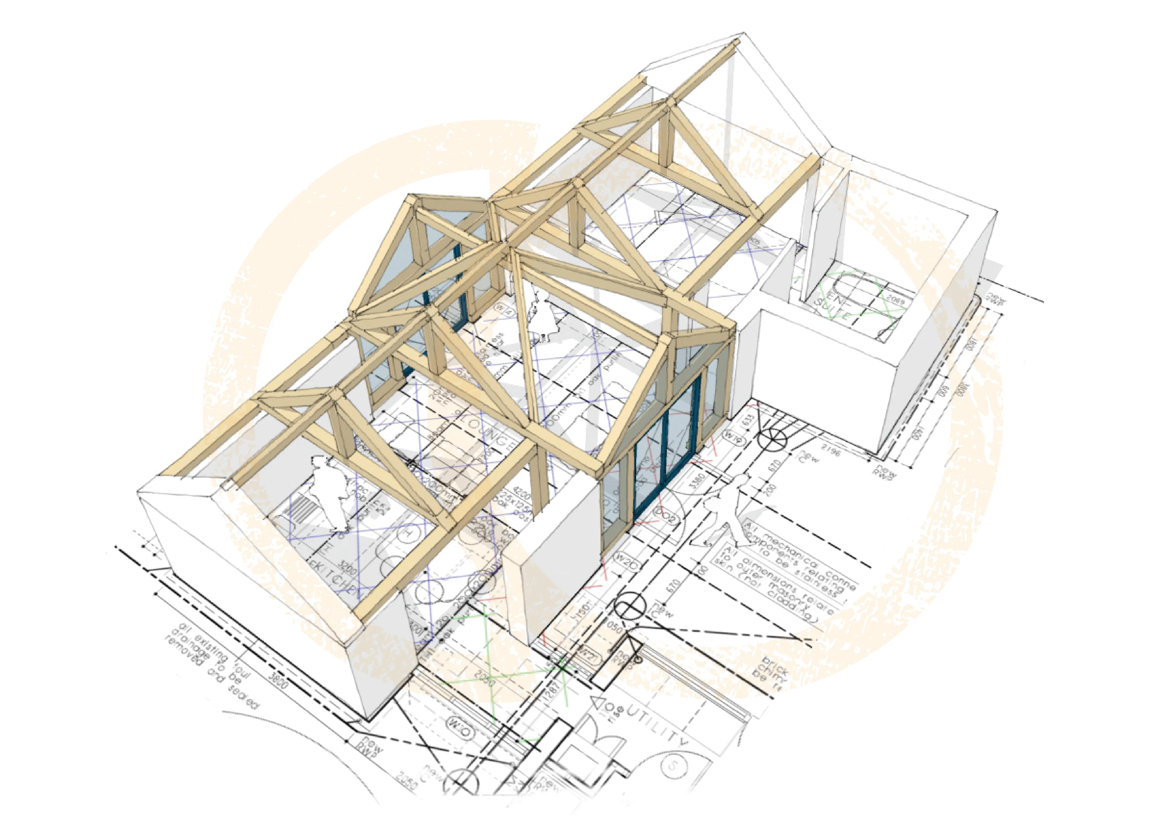 Single-story hybrid timber frame bungalow with exposed wooden beams and modern exterior design
