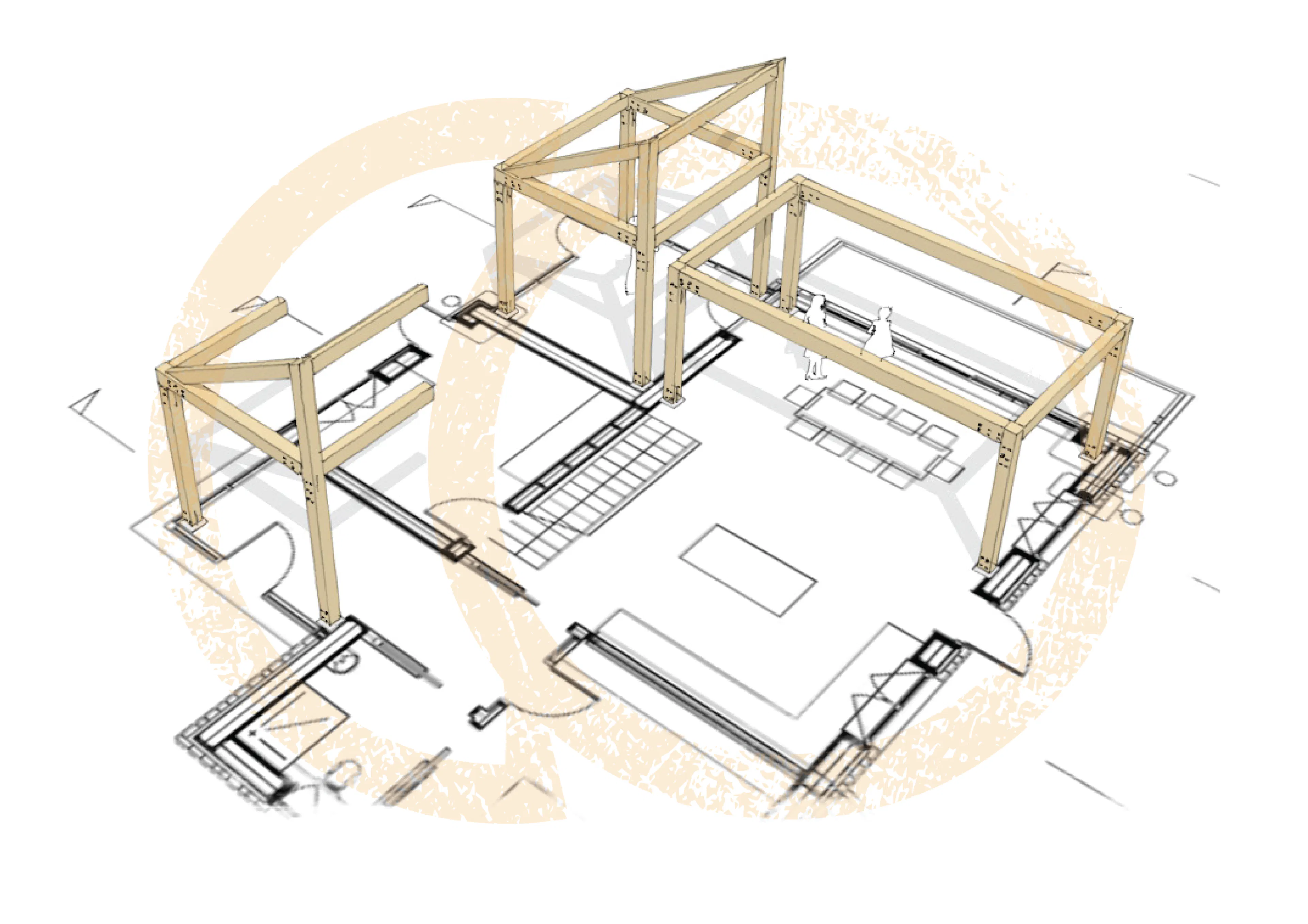 Hybrid timber frame extension added to an existing house with exposed wood structure
