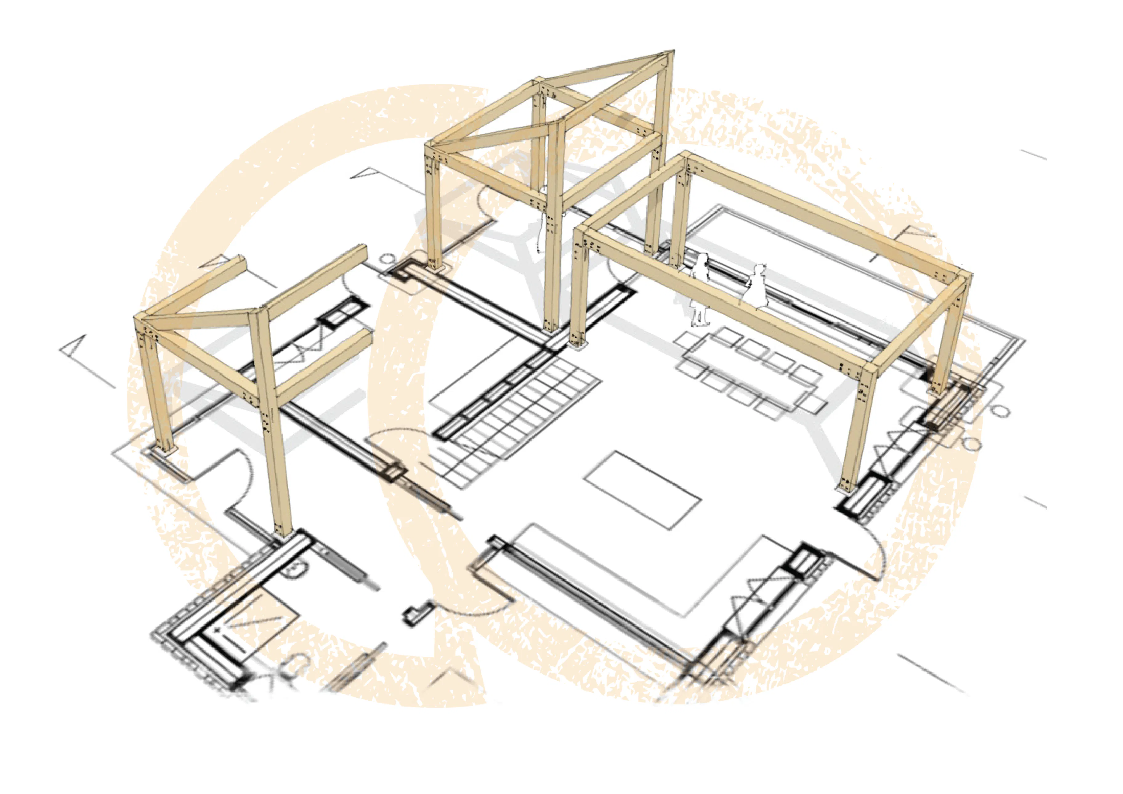 Hybrid timber frame extension added to an existing house with exposed wood structure