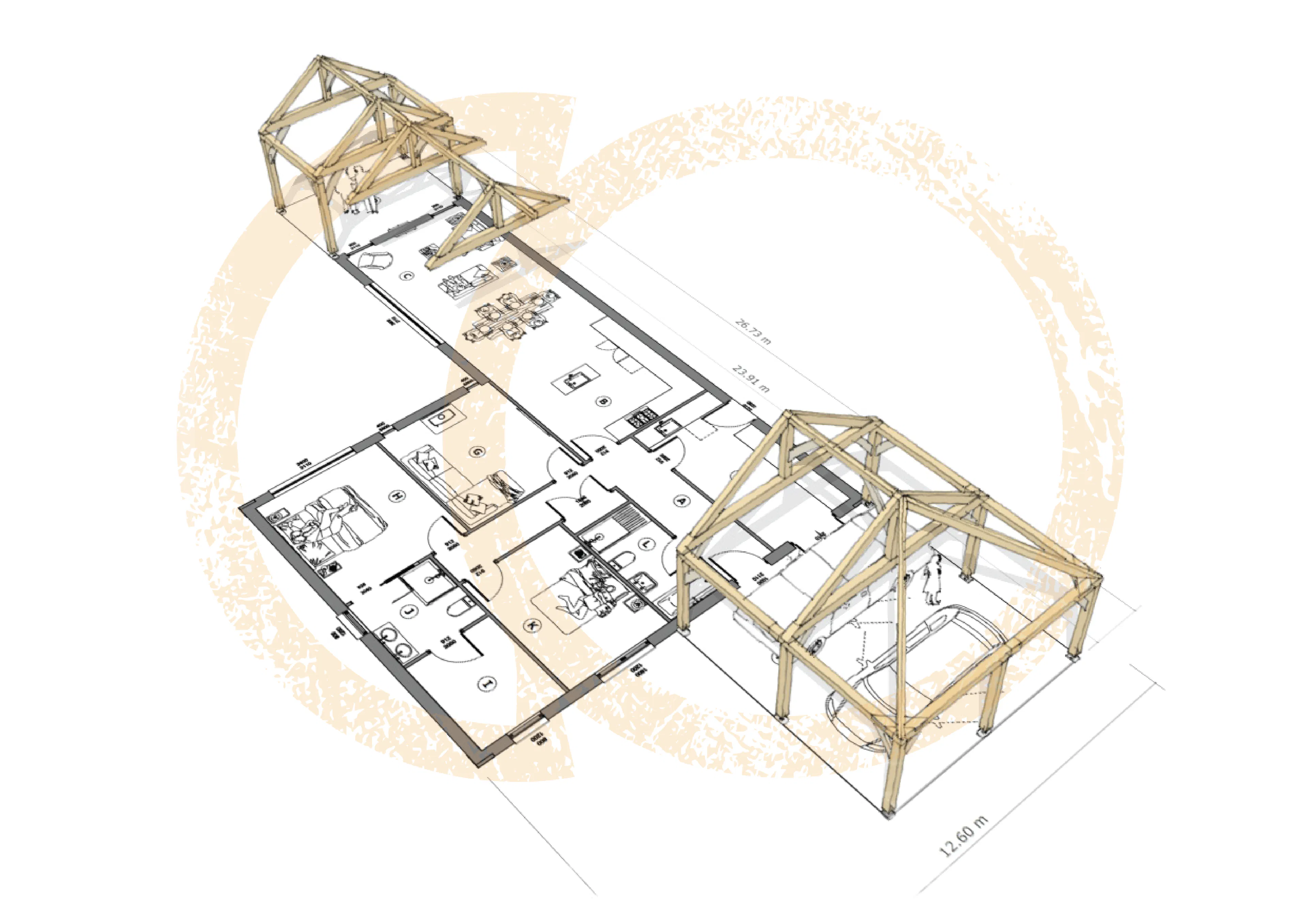 Modern hybrid timber frame house with exposed wooden structure