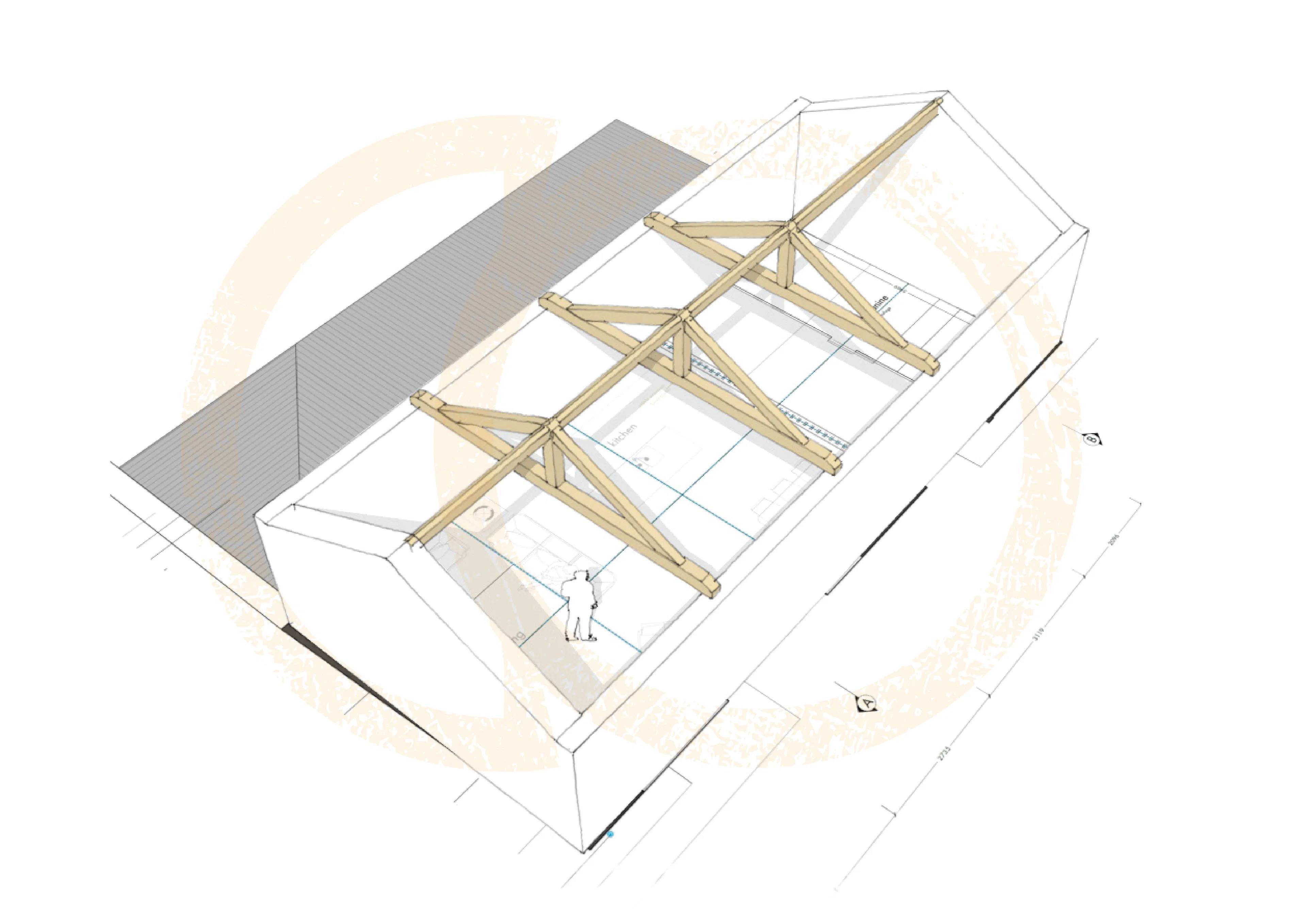 Exposed timber trusses in a hybrid timber frame home under construction