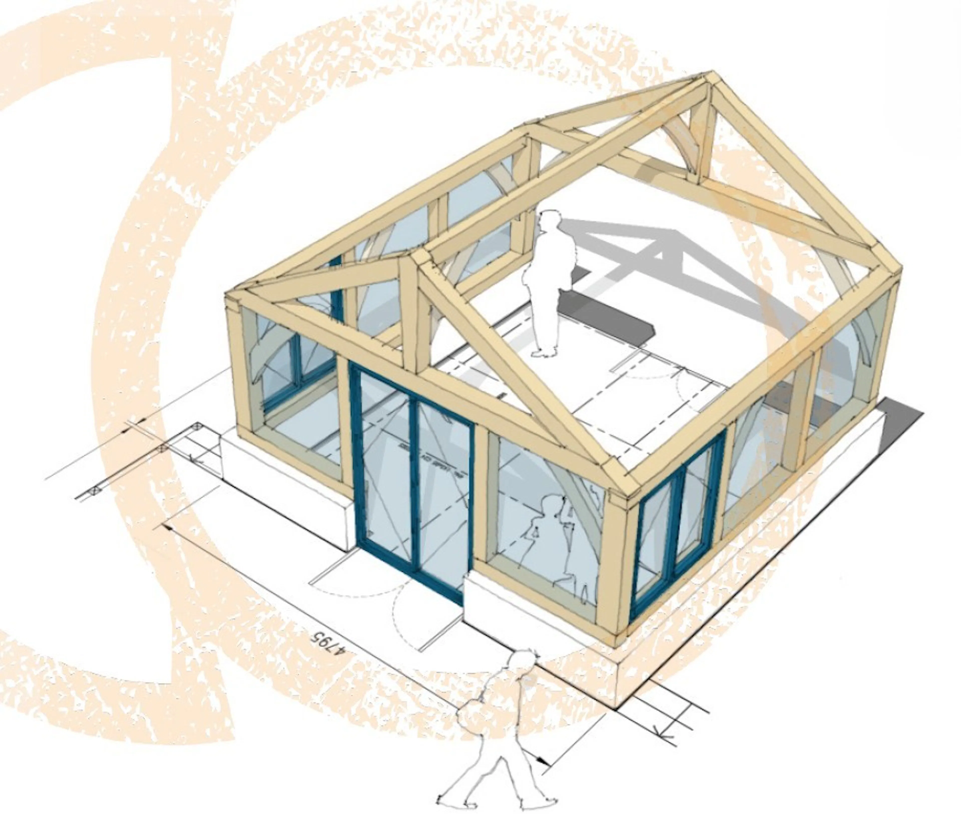 A computer generated sketch of an oak framed garden room