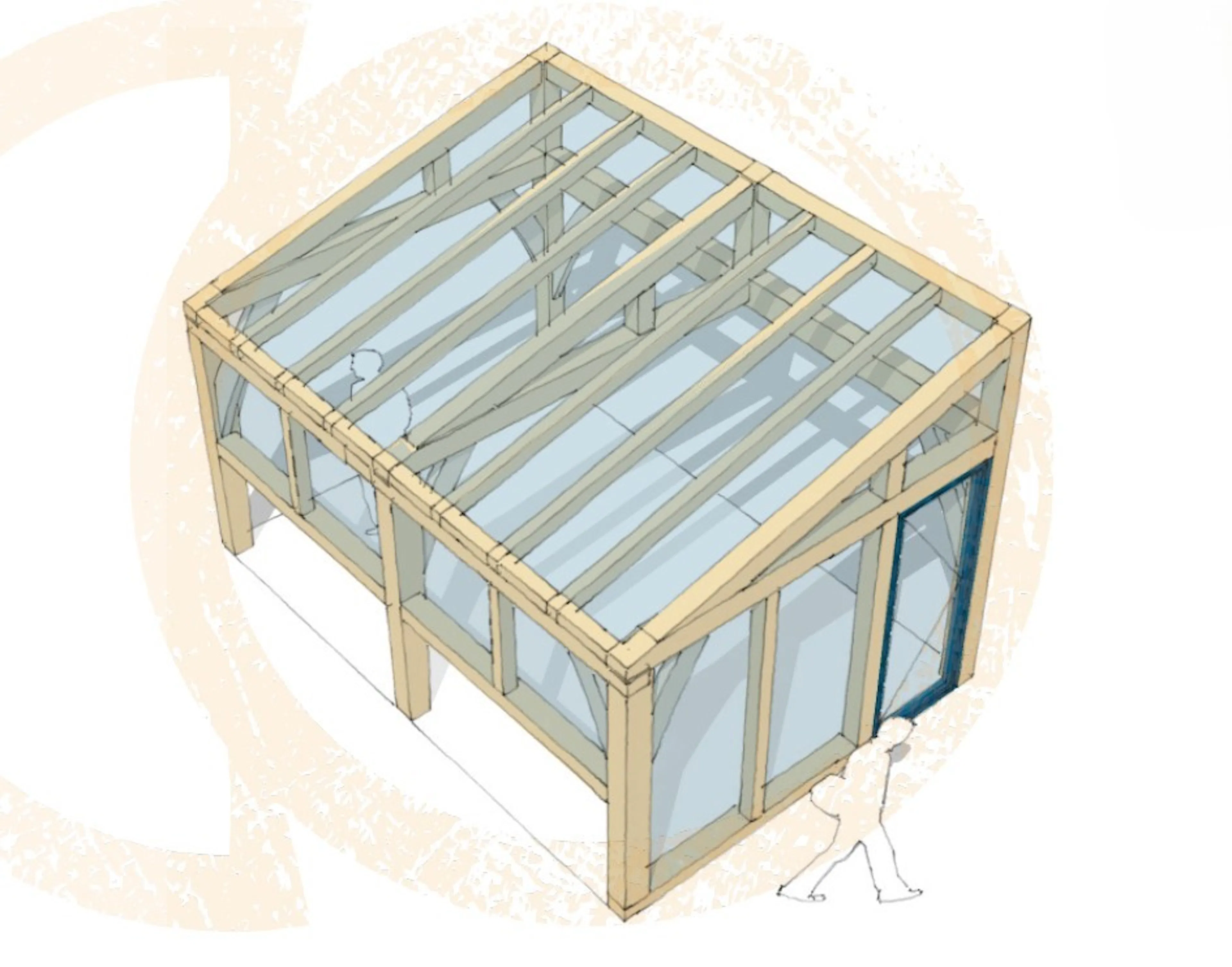 A computer generated sketch of an oak framed garden room with a mono pitch roof