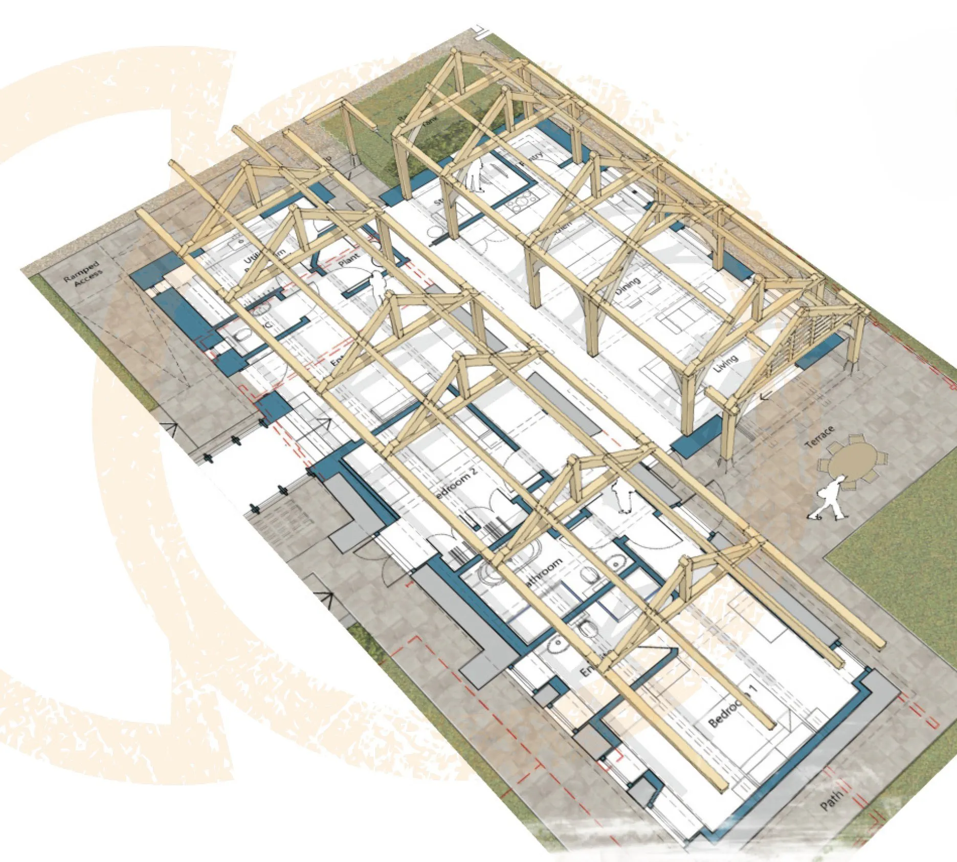 An ariel view of a computer sketch design of a large two bedroom oak framed extension