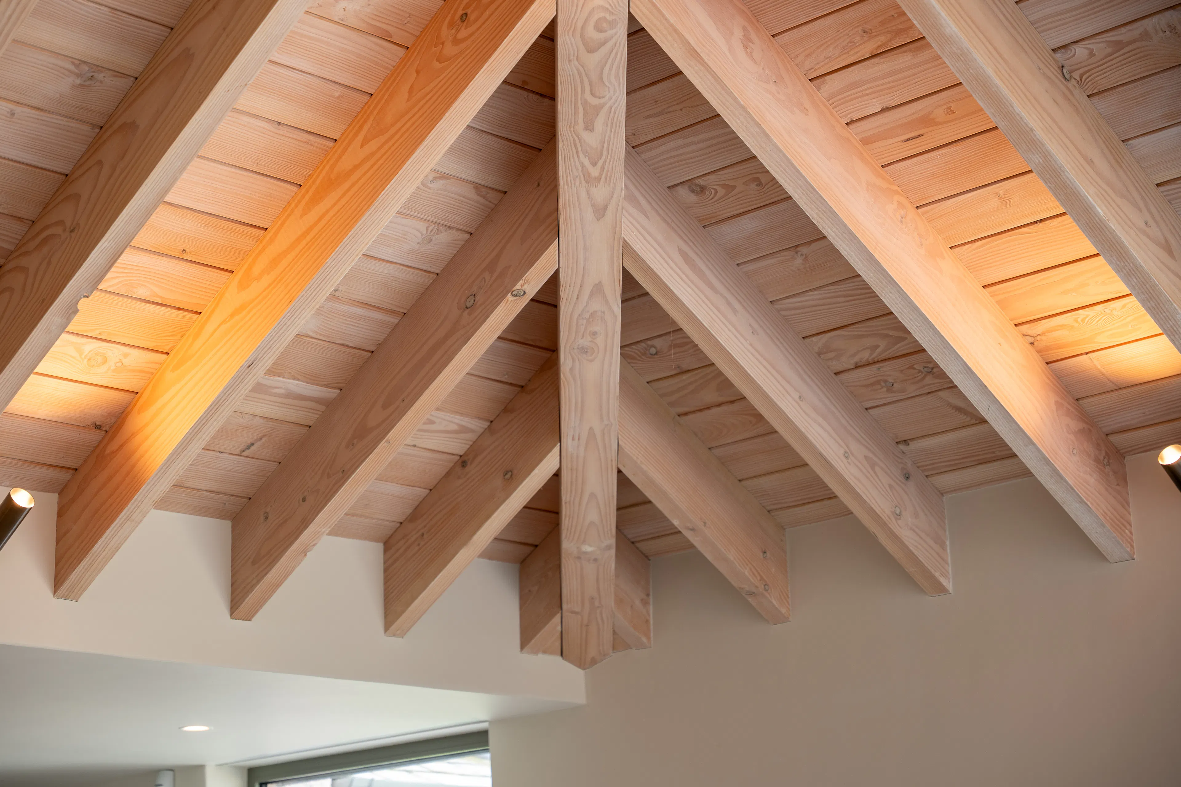 Detail of the timber in a contemporary Douglas fir glulam framed kitchen extension