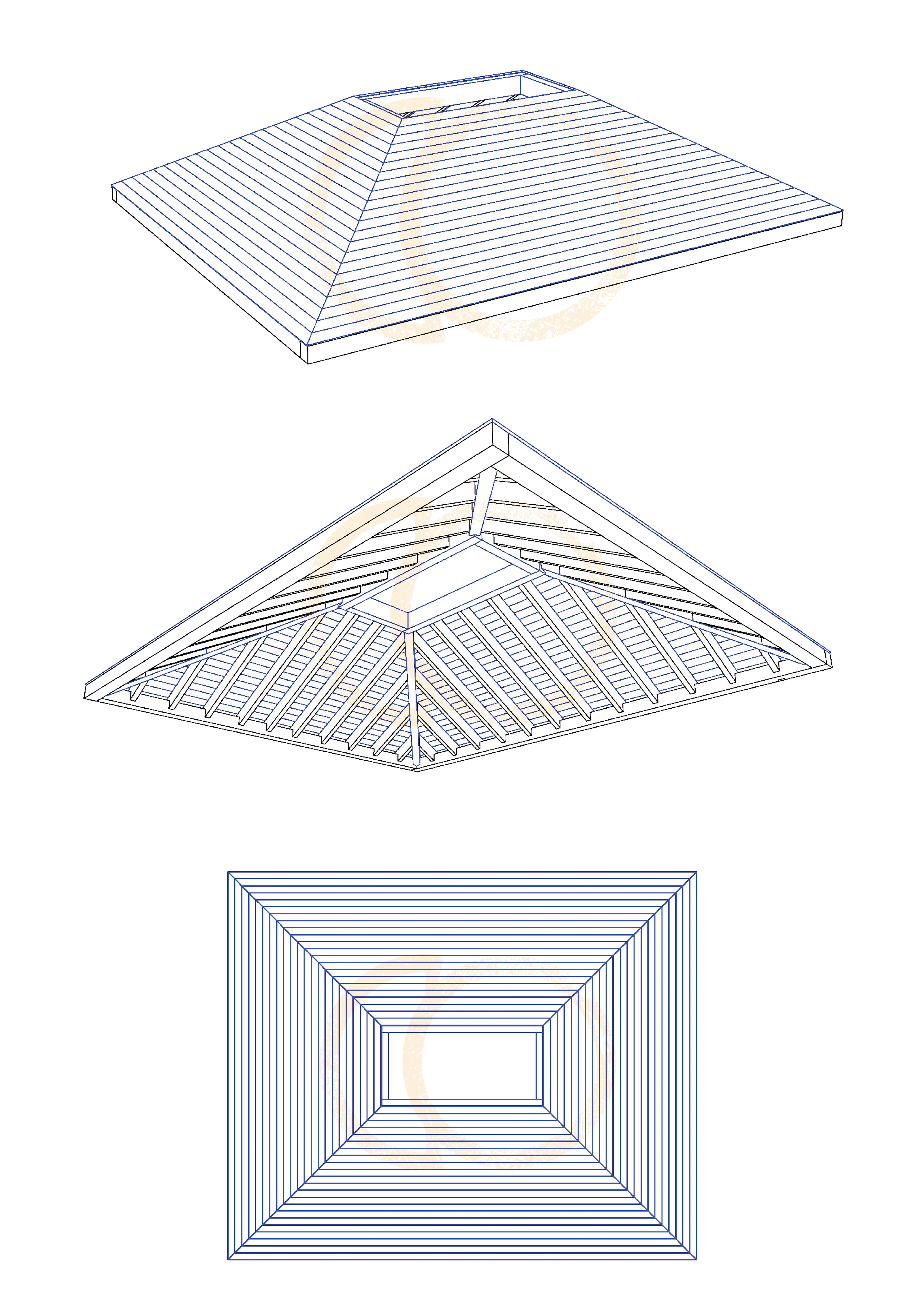 Computer generated sketch design of a timber framed ceiling with rectangle rooflight opening