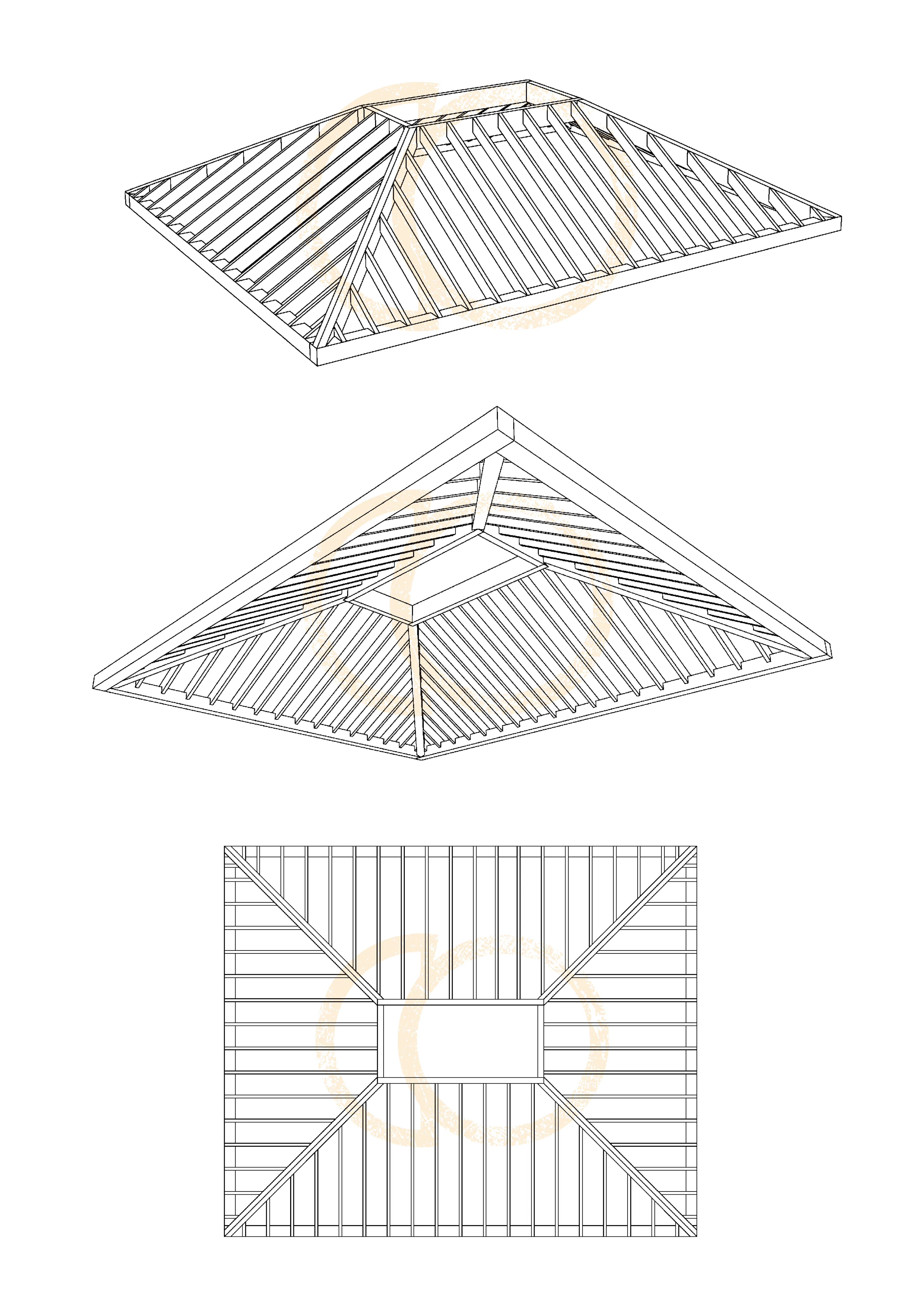 Computer generated sketch design of a timber framed ceiling with rectangle rooflight opening
