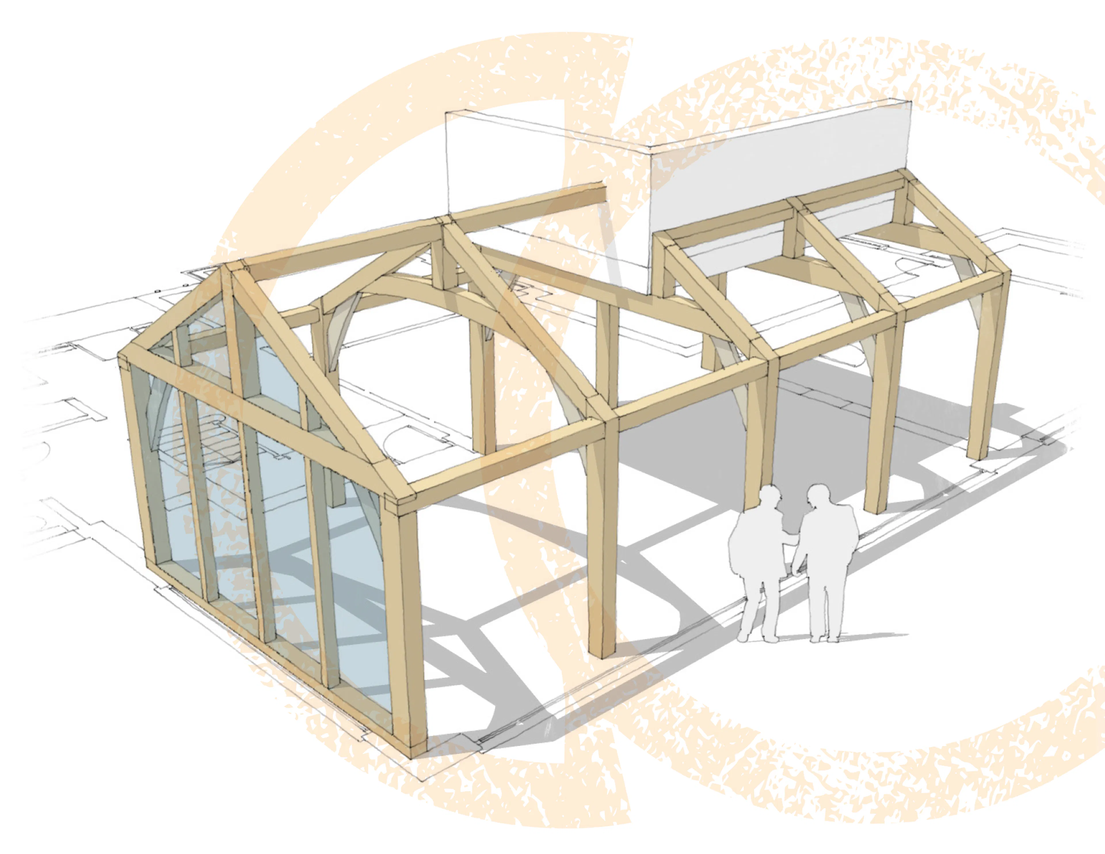 A computer designed sketch of a modern oak framed extension showing how the frame wraps around a wall