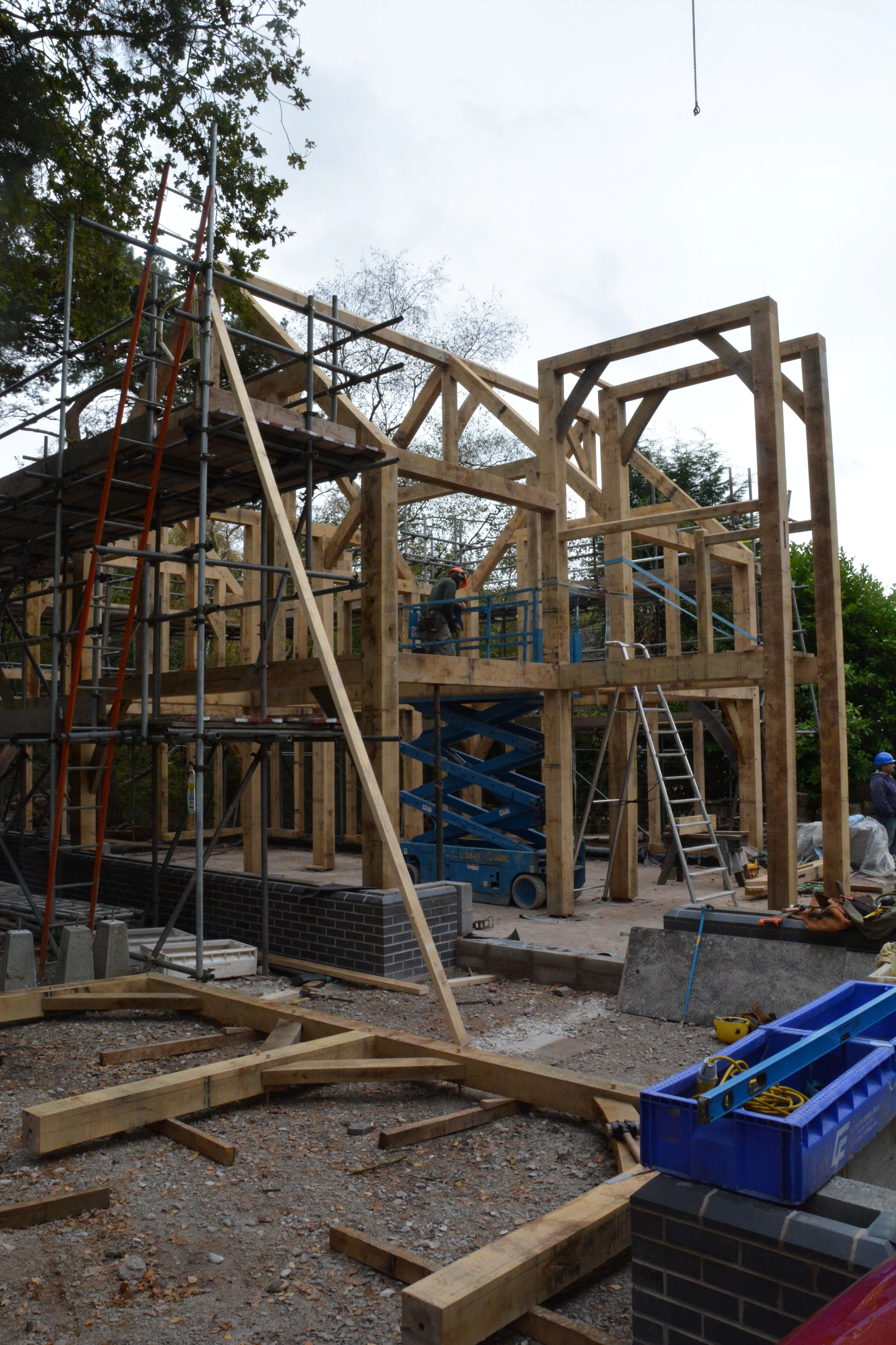 Frame installation during construction of an oak framed home
