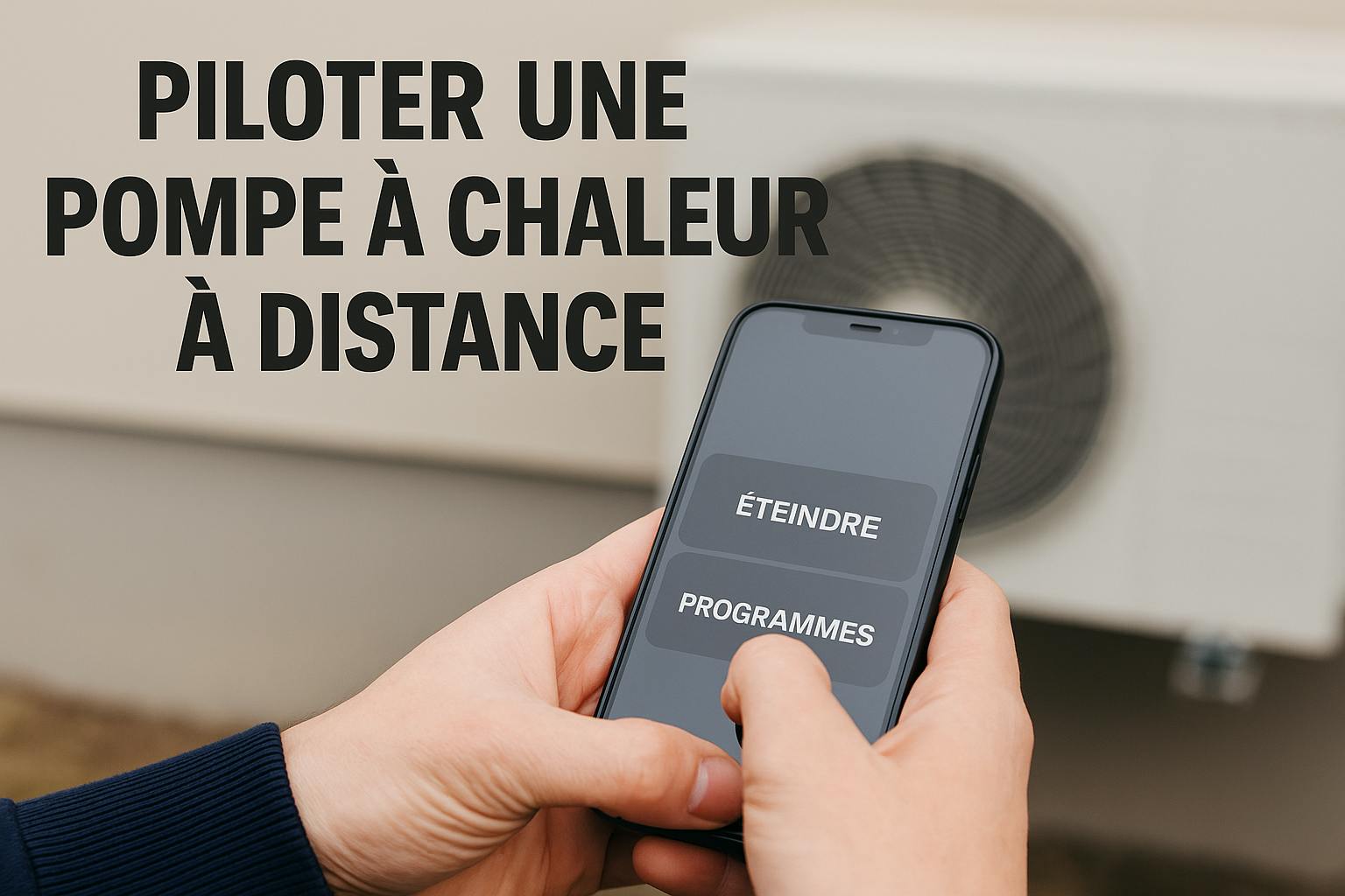 Une personne ajuste la température de sa pompe à chaleur à distance depuis son smartphone, illustrant le confort et la simplicité d’un pilotage connecté à domicile.