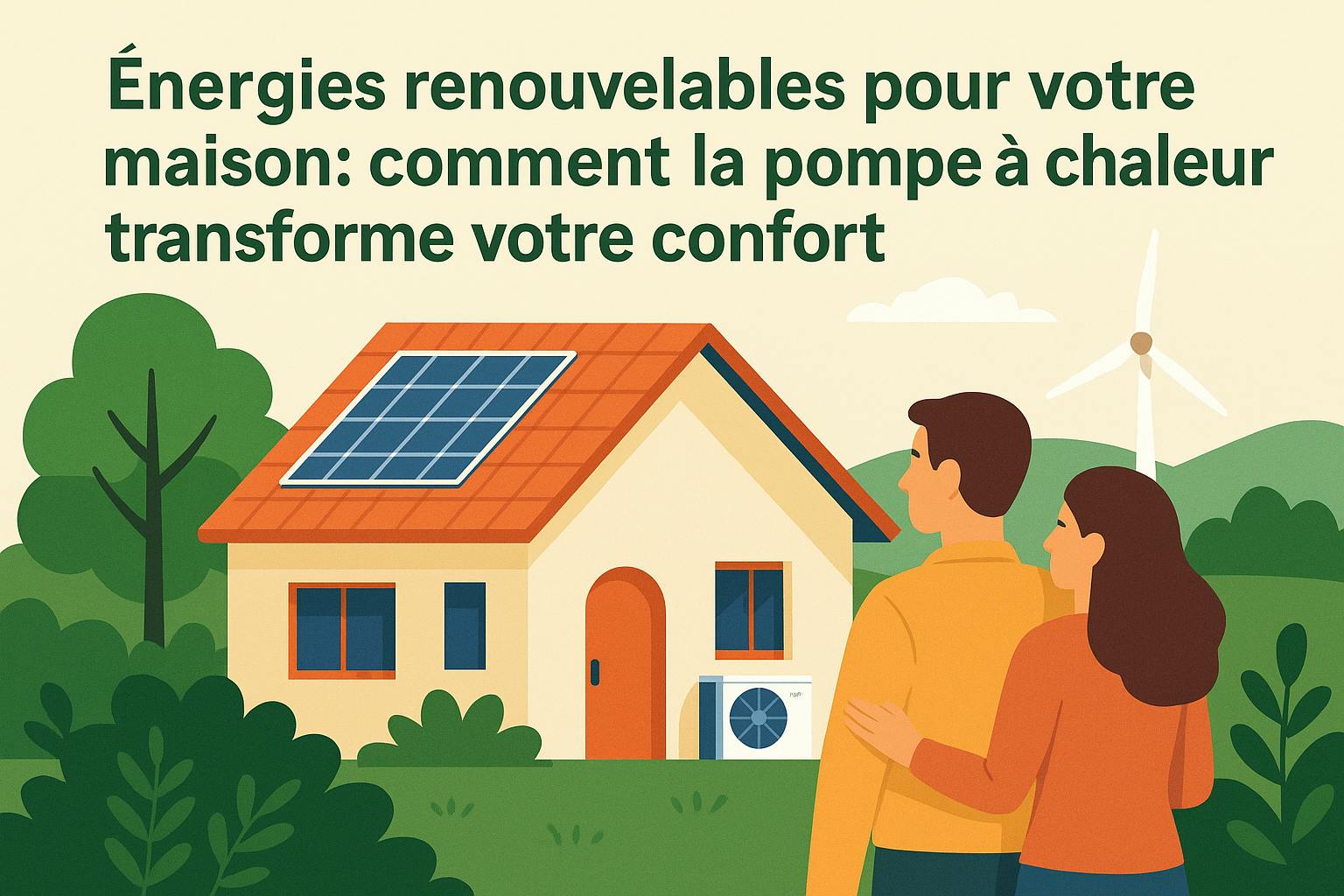 Illustration d’un couple admirant leur maison écologique équipée d’une pompe à chaleur air/eau, entourée de verdure
