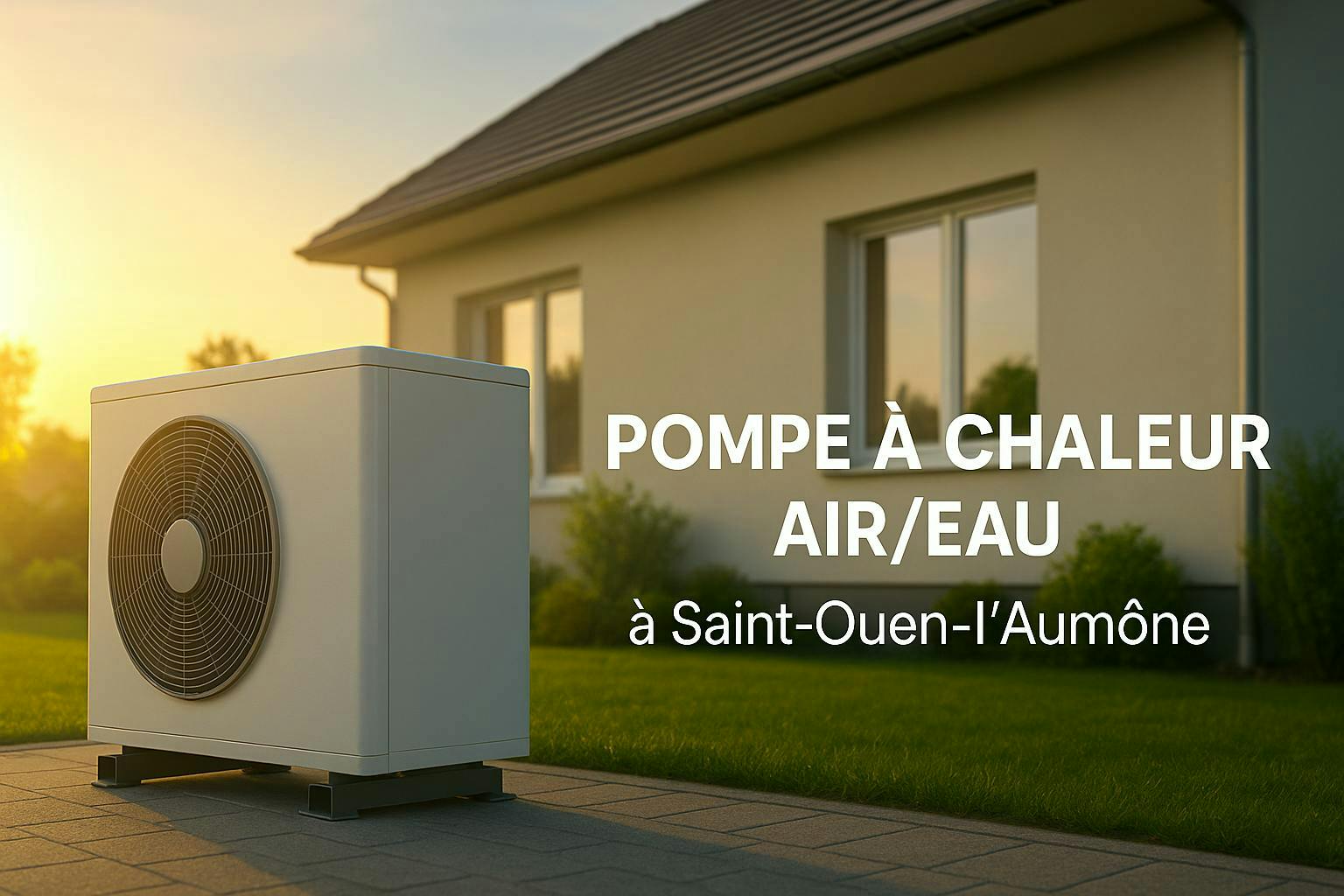 Pompe à chaleur air/eau moderne installée devant une maison à Saint-Ouen-l’Aumône au lever du soleil
