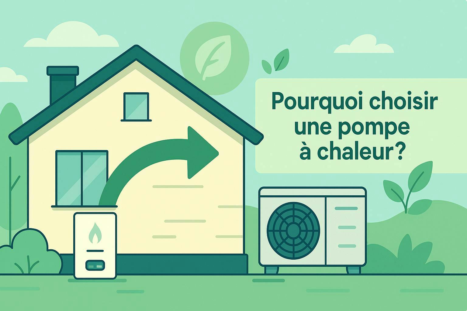 Illustration minimaliste d’une maison passant d’une chaudière à gaz à une pompe à chaleur avec une grande flèche verte et un paysage verdoyant, sous le texte ‘Pourquoi choisir une pompe à chaleur ?