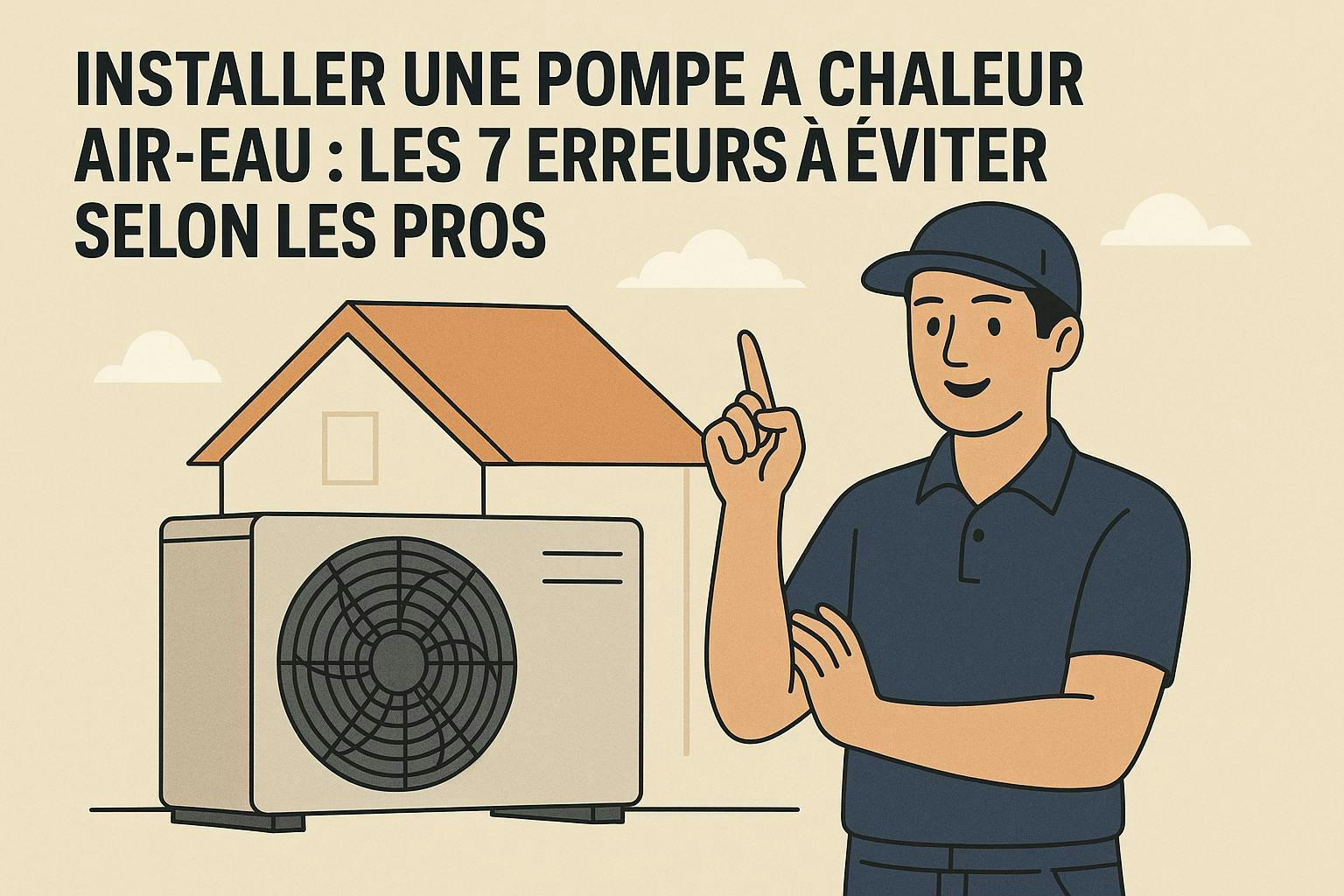 Technicien devant une pompe à chaleur air-eau avec maison en arrière-plan, illustrant les erreurs à éviter lors de l’installation