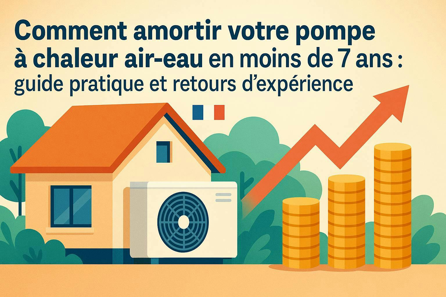 Maison équipée d’une pompe à chaleur air-eau à côté d’une pile de pièces de monnaie et d’une flèche ascendante, symbolisant un amortissement en moins de 7 ans