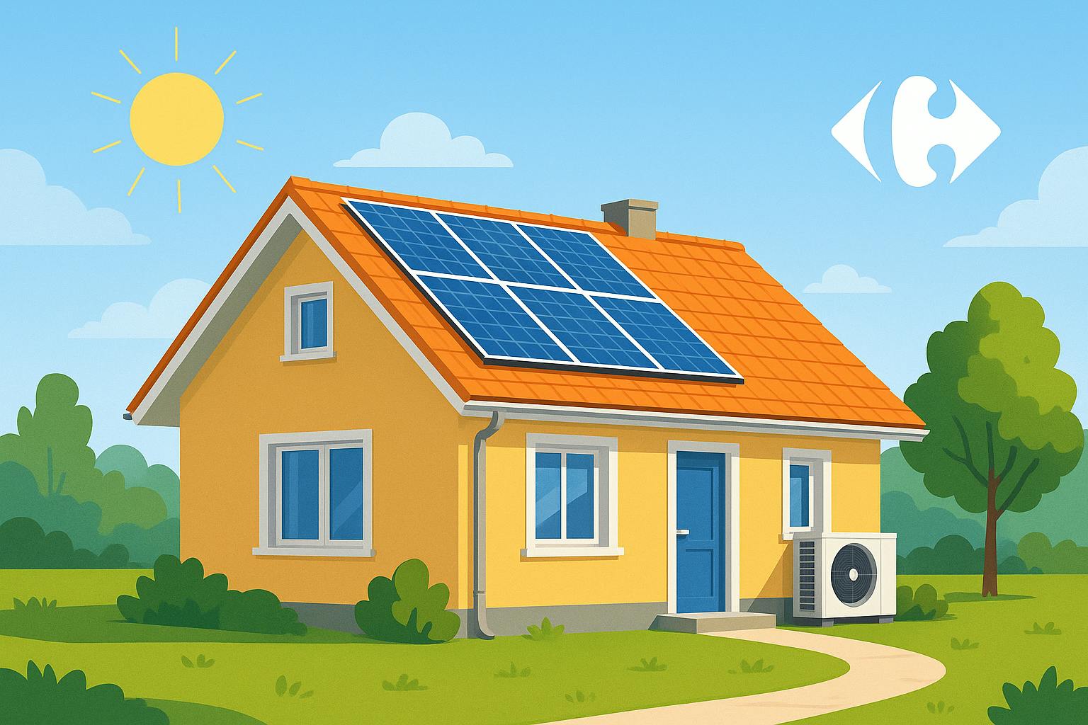 Maison équipée de panneaux solaires et d'une pompe à chaleur, illustrant l'engagement de Carrefour Énergies dans la transition énergétique