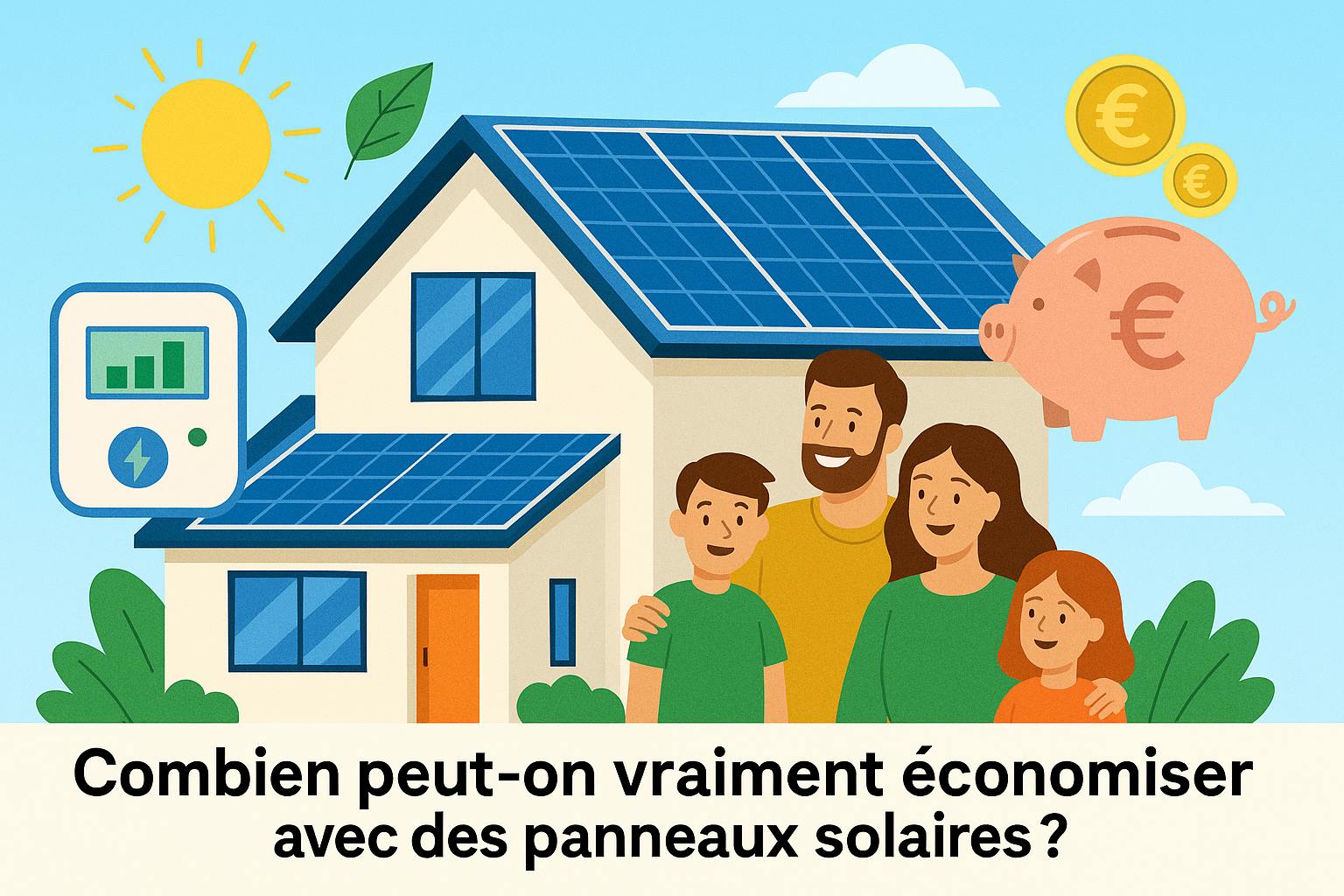 Famille devant une maison équipée de panneaux solaires, avec soleil, compteur électrique et tirelire illustrant les économies d’énergie