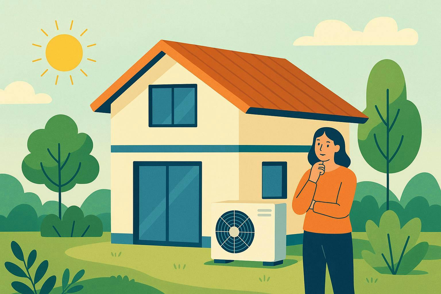 Illustration d'une maison moderne avec pompe à chaleur air‑eau dans un environnement écologique