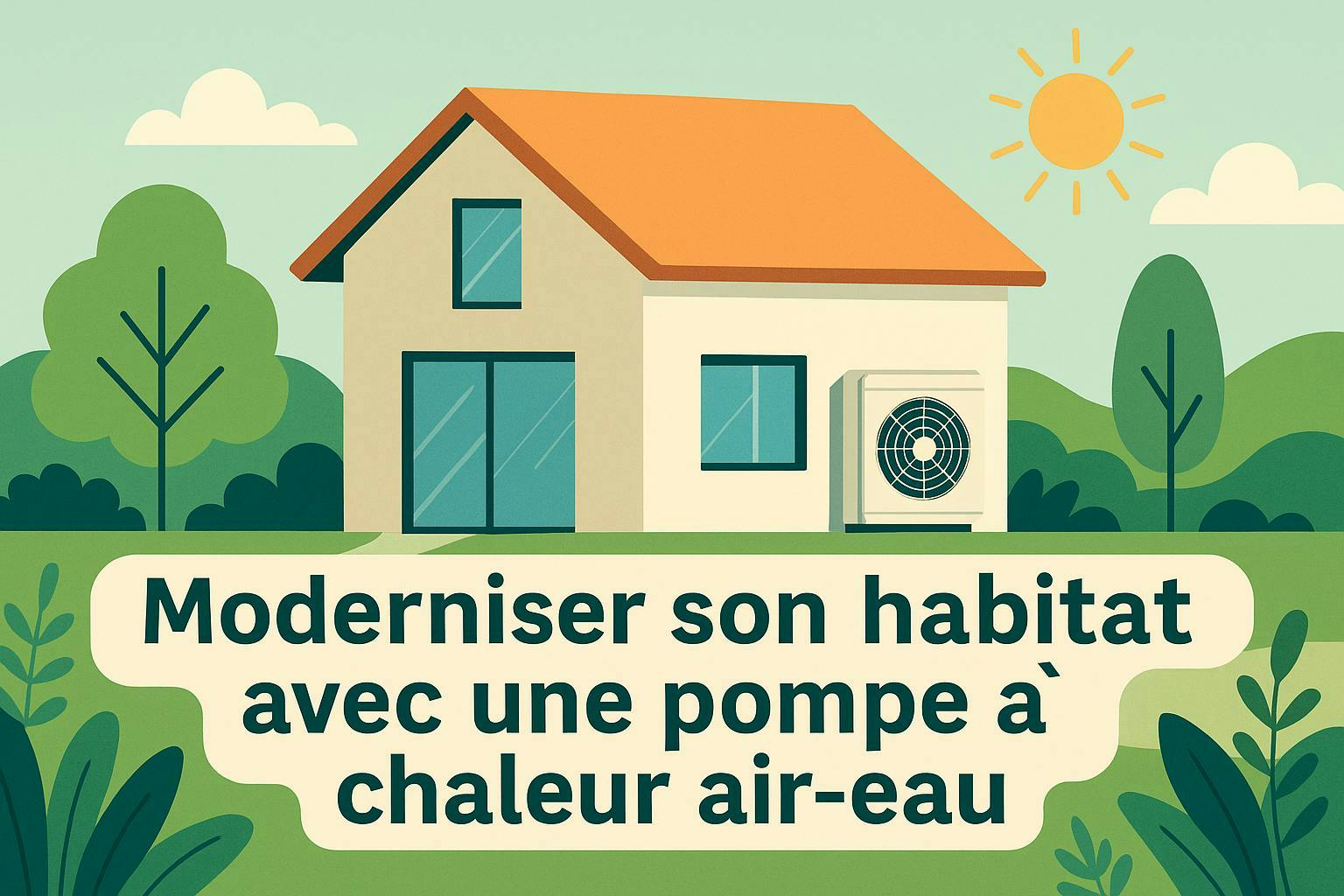 Illustration d'une maison moderne avec pompe à chaleur air-eau, dans un environnement écologique et ensoleillé