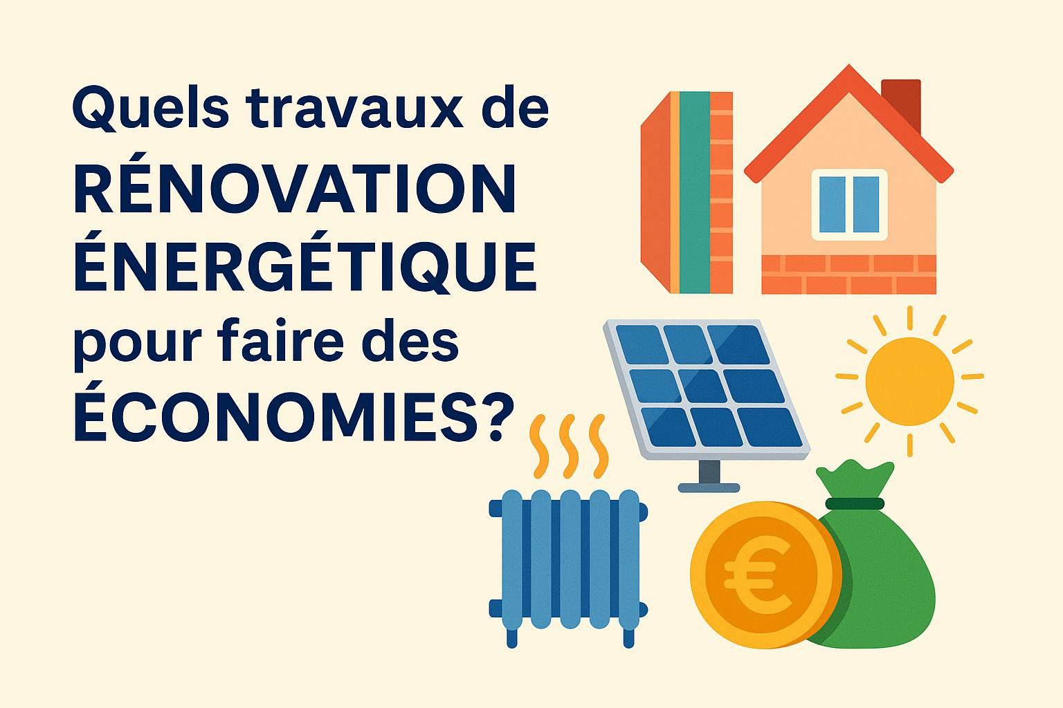 Illustration des travaux de rénovation énergétique pour faire des économies : maison, panneaux solaires, isolation, chauffage et économie d'énergie en 2025