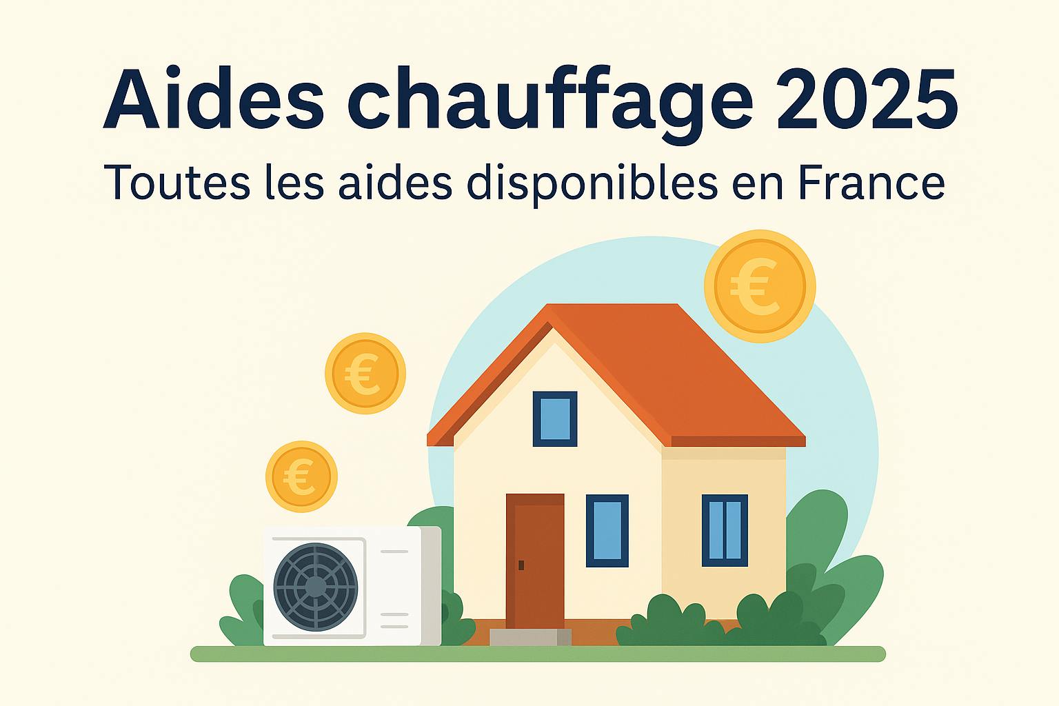 Illustration aides chauffage 2025 avec une maison, une pompe à chaleur et des pièces en euros