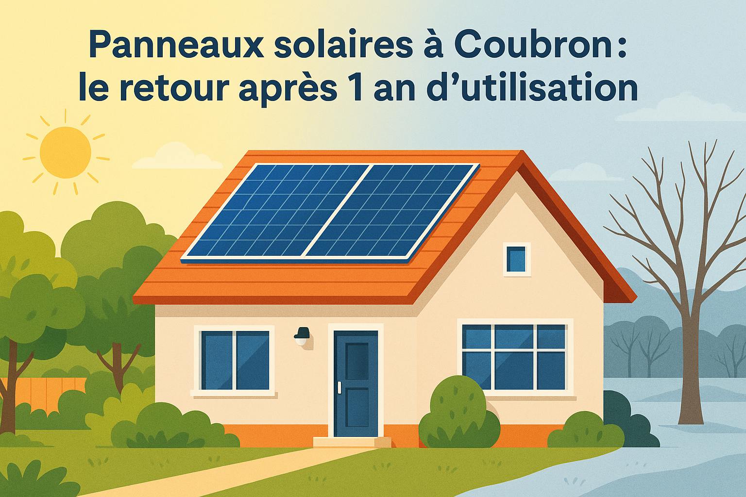 Maison équipée de panneaux solaires à Coubron, en été et en hiver, illustrant les économies d'énergie après un an d'utilisation