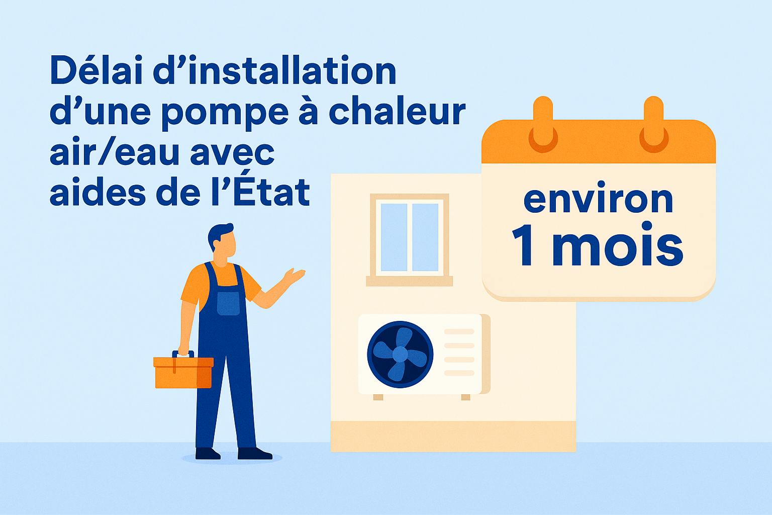 Illustration d’un technicien devant une pompe à chaleur et un calendrier indiquant un délai d’installation d’environ 1 mois avec les aides de l’État