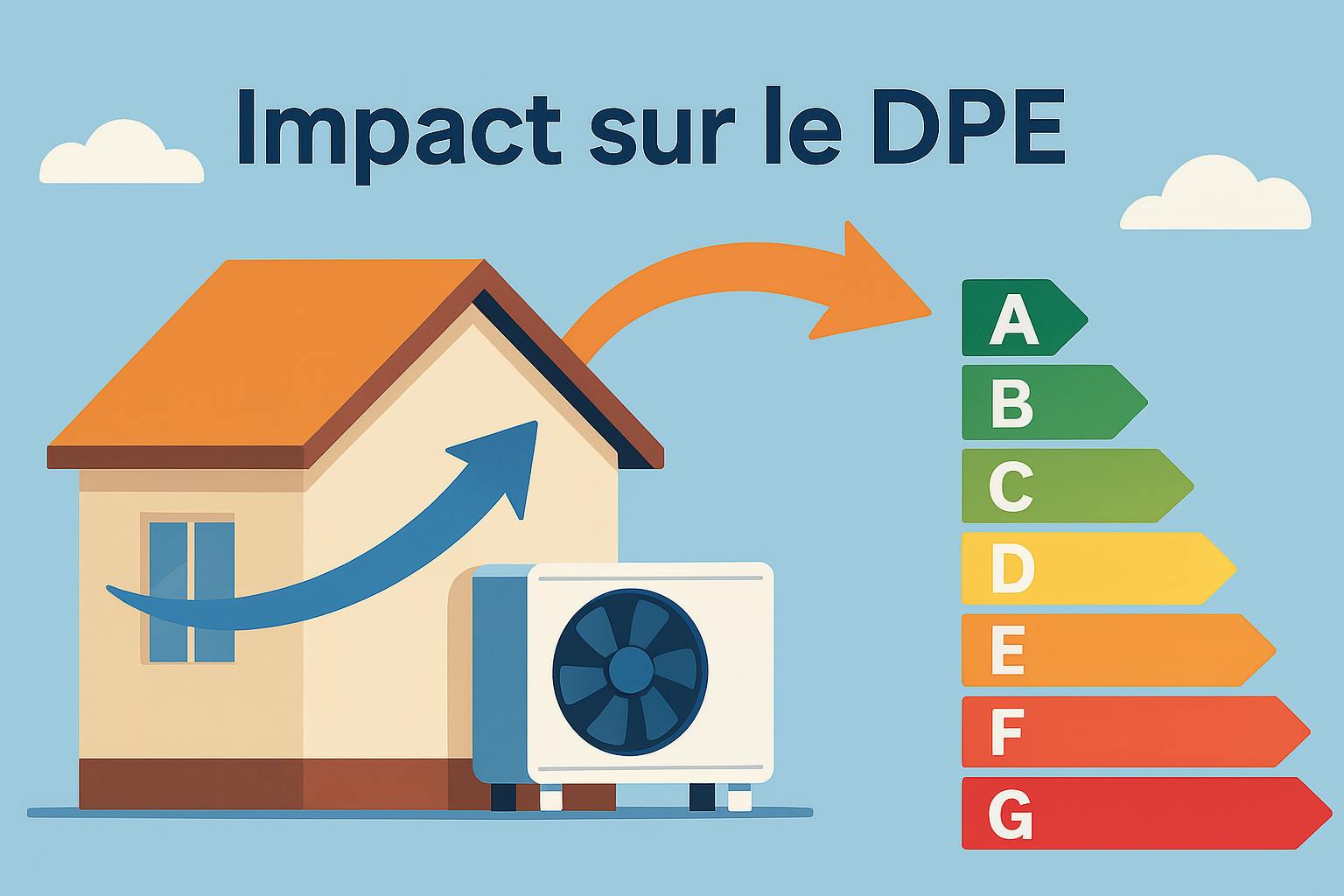 illustration avec des lettres de classes énergétiques pour mettre en avant l'impact sur le DPE d'une installation de pompe à chaleur
