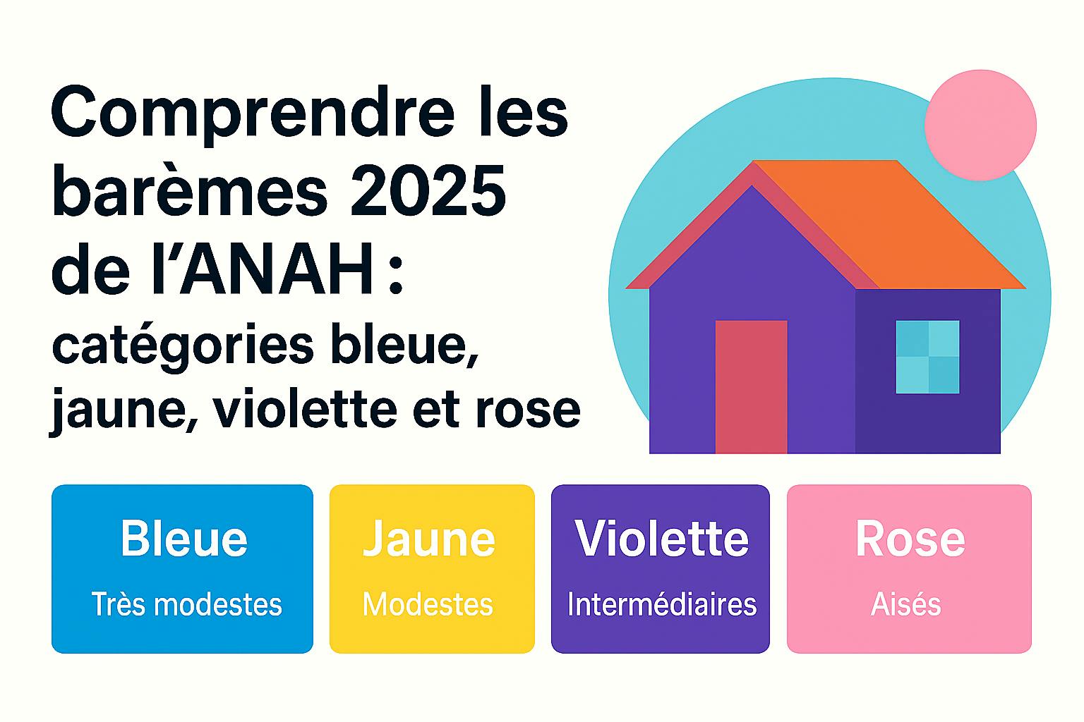 Image de présentation des catégories de revenus ANAH 2025 avec une maison, et 4 blocs qui distinguent les catégories de revenus
