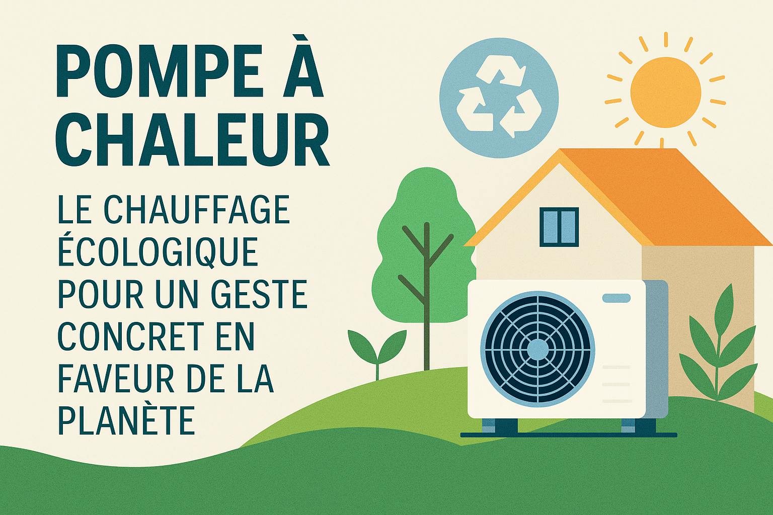 Pompe à chaleur installée devant une maison écologique avec végétation, symbolisant un chauffage respectueux de la planète