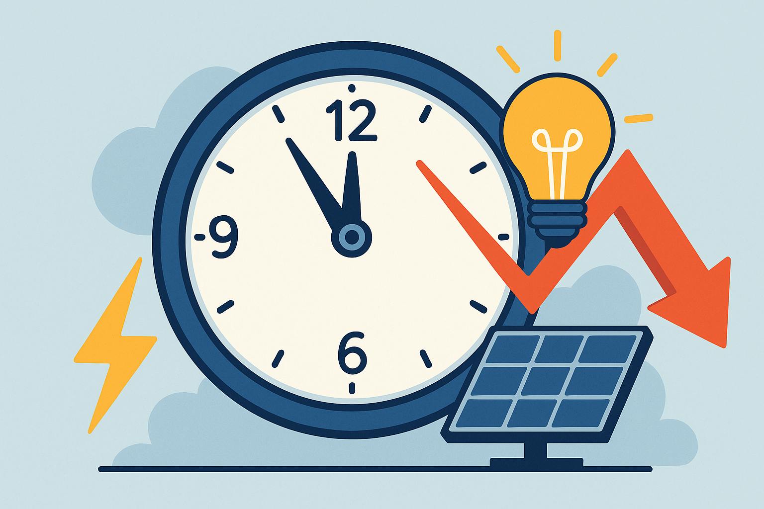 Horloge affichant 11 h, symbole de panneau solaire, ampoule et flèche rouge descendante illustrant la baisse du prix de l’électricité le 16 juillet 2025.