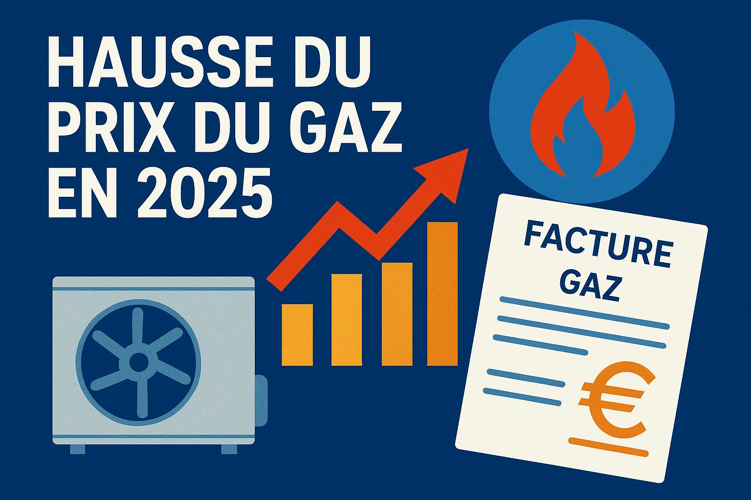 Illustration de la hausse du prix du gaz en France en 2025 avec facture, flamme et graphique en hausse